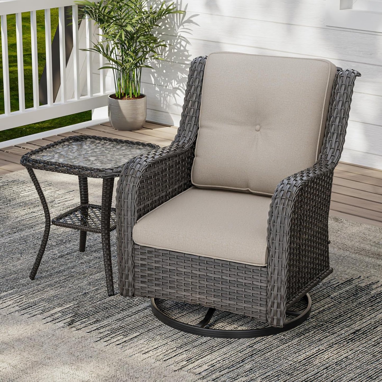 2 Pieces Outdoor Swivel Rocker Patio Chairs Set - Outdoor Wicker Patio Conversation Sets with 1 Side Table, Olefin Fabric Cushions Suitable for Backyard Deck and Porch, Beige