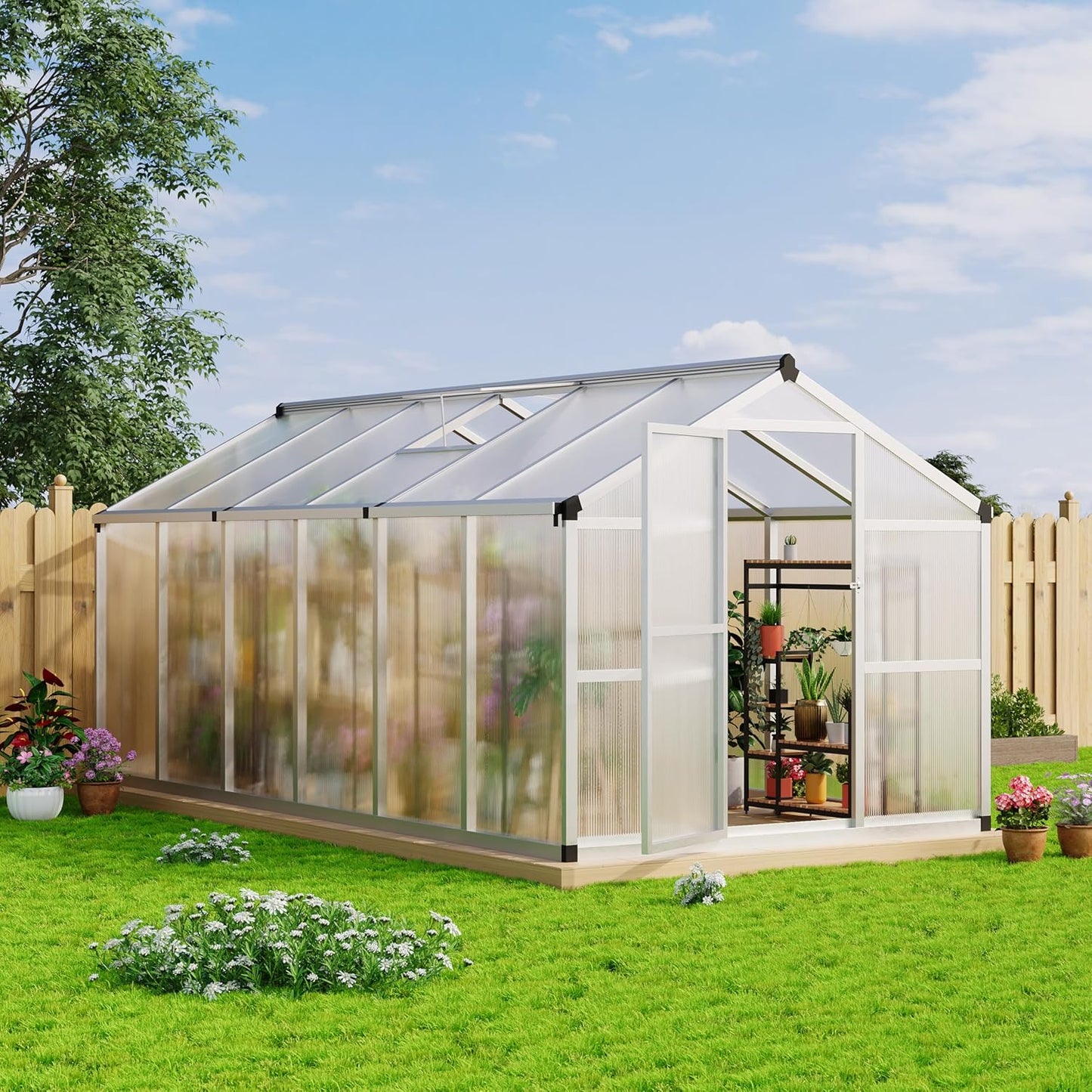 8x12 FT Greenhouse, Large Aluminum Greenhouses for Outdoors, Heavy Duty Polycarbonate Greenhouse with Roof Vent, Walk-in Green Houses for Winter Garden, Backyard, Patio, Lawn, Easy Assembly