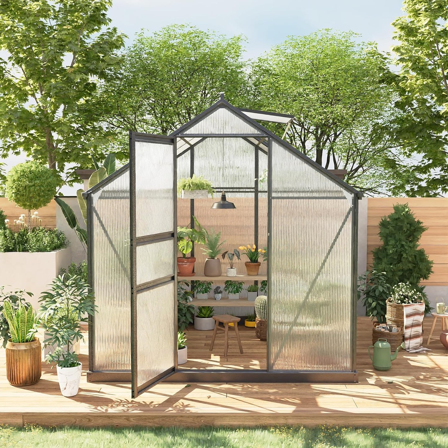 6*6 FT Outdoor Walk-in Greenhouse, Polycarbonate Green House, Heavy Duty Greenhouse with Vented Roof Window, Windproof Aluminum Frame, Suitable for Outside Gardening, Backyard, Patio