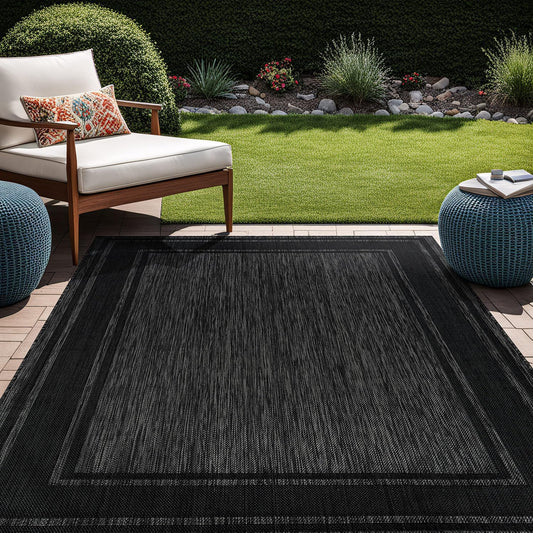 Beverly Rug Large Outdoor Rug 10x14 Modern Bordered Area Rugs for Indoor and Outdoor Patio Deck Porch Garden Waterproof Weather Sun Resistant Washable Outside Carpet (10 x 14 Black)