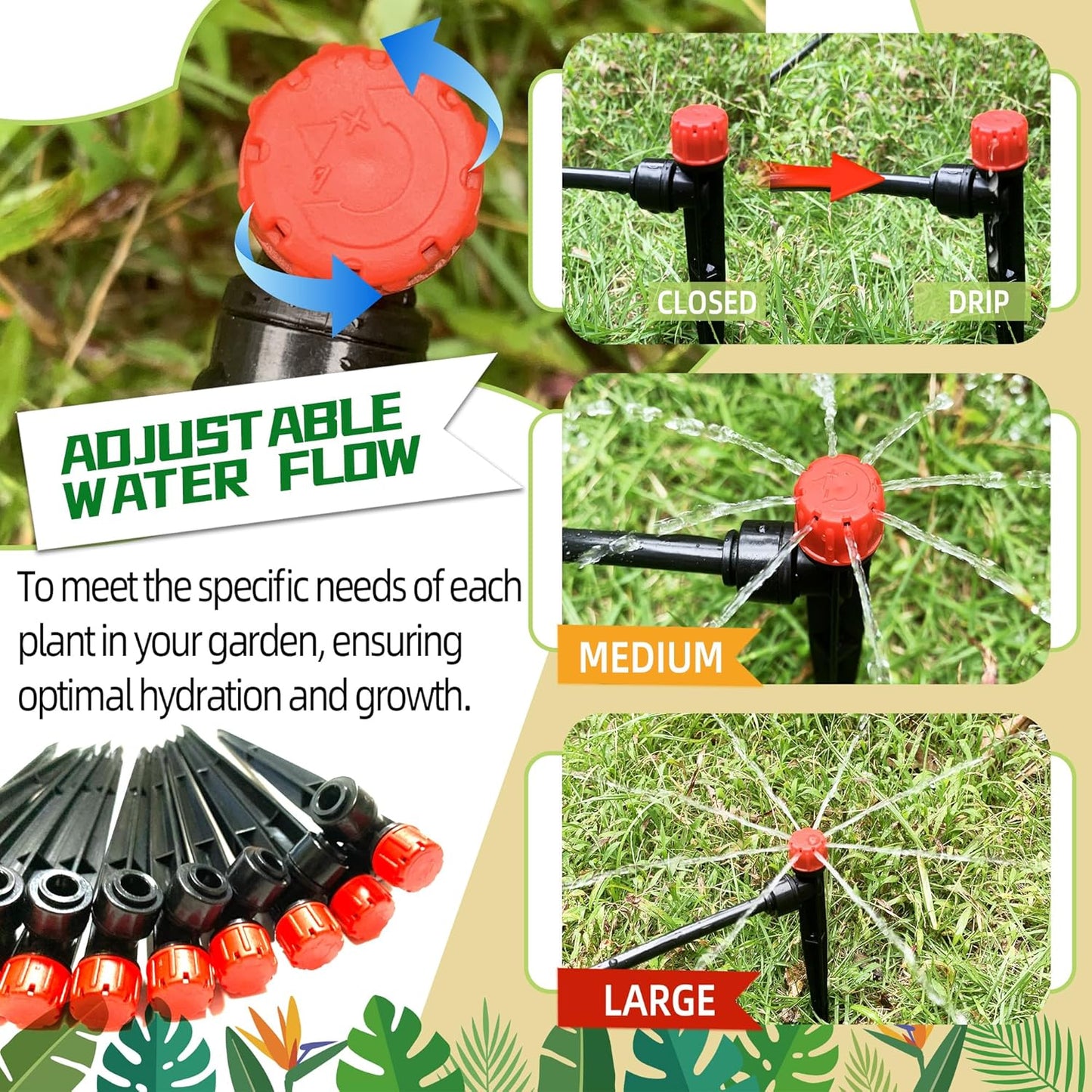60PCS Push-to-Fit Drip Irrigation Emitters for 1/4 inch Irrigation Tubing, Adjustable 360 Degree Drip Emitter Sprayer with Stake, Irrigation Dripper Sprinklers for Drip Irrigation System
