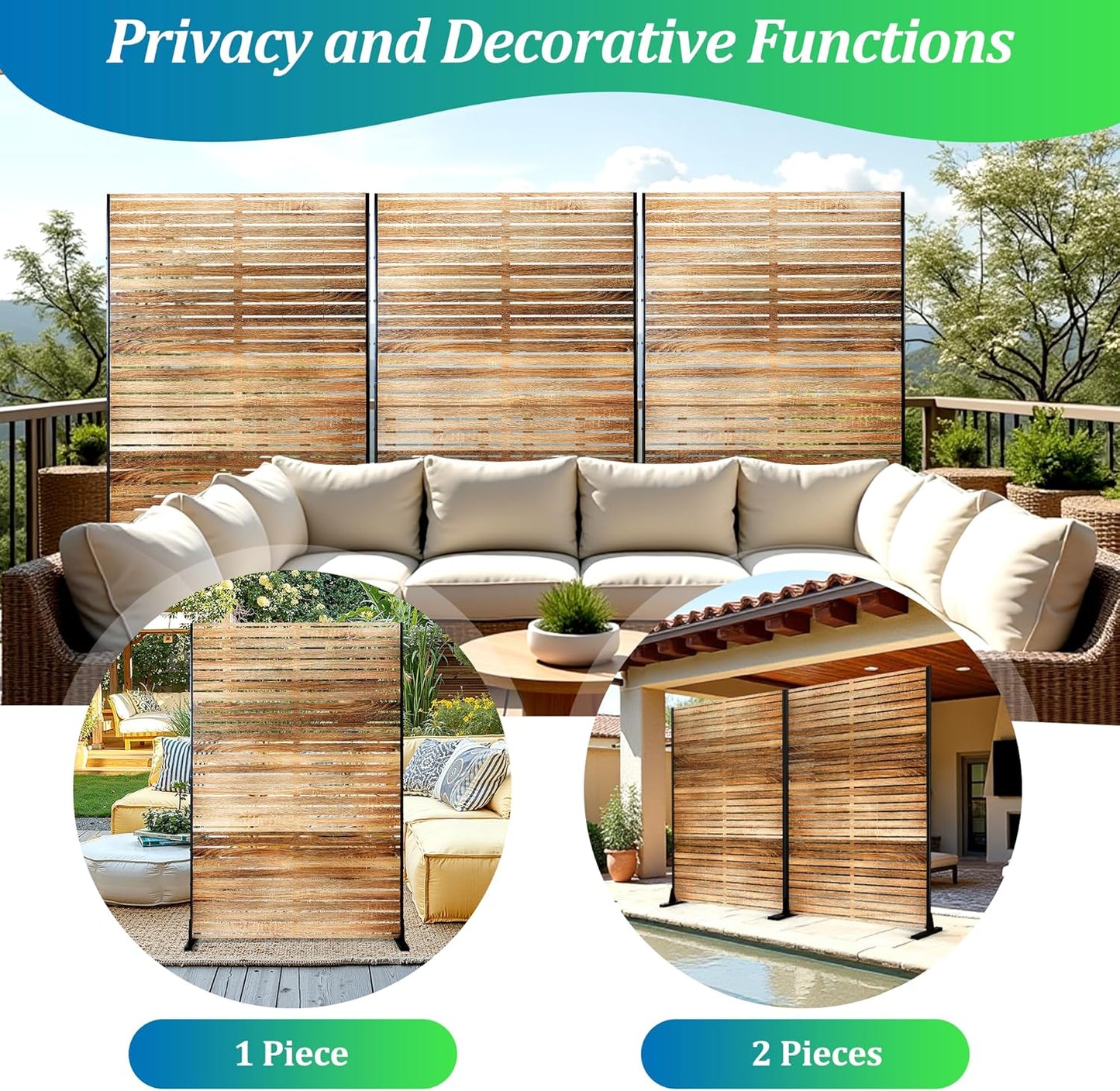 FENCY Outdoor Privacy Screen, 72" H×47" W Metal Patio Privacy Screen, Freestanding Decorative for Deck Balcony Patio Natural Wood Color