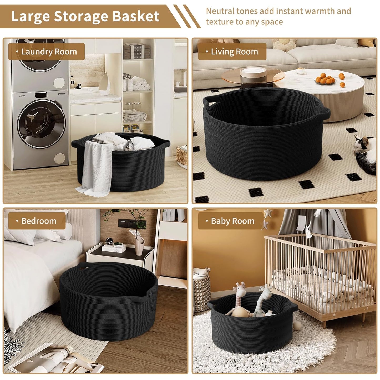 125L Extra Large Blanket Basket, 25" x 16", Jumbo Laundry Woven Baskets Decorative Home, Cotton Rope Basket with Handles, Baby Toy Baskets for Storage, Black