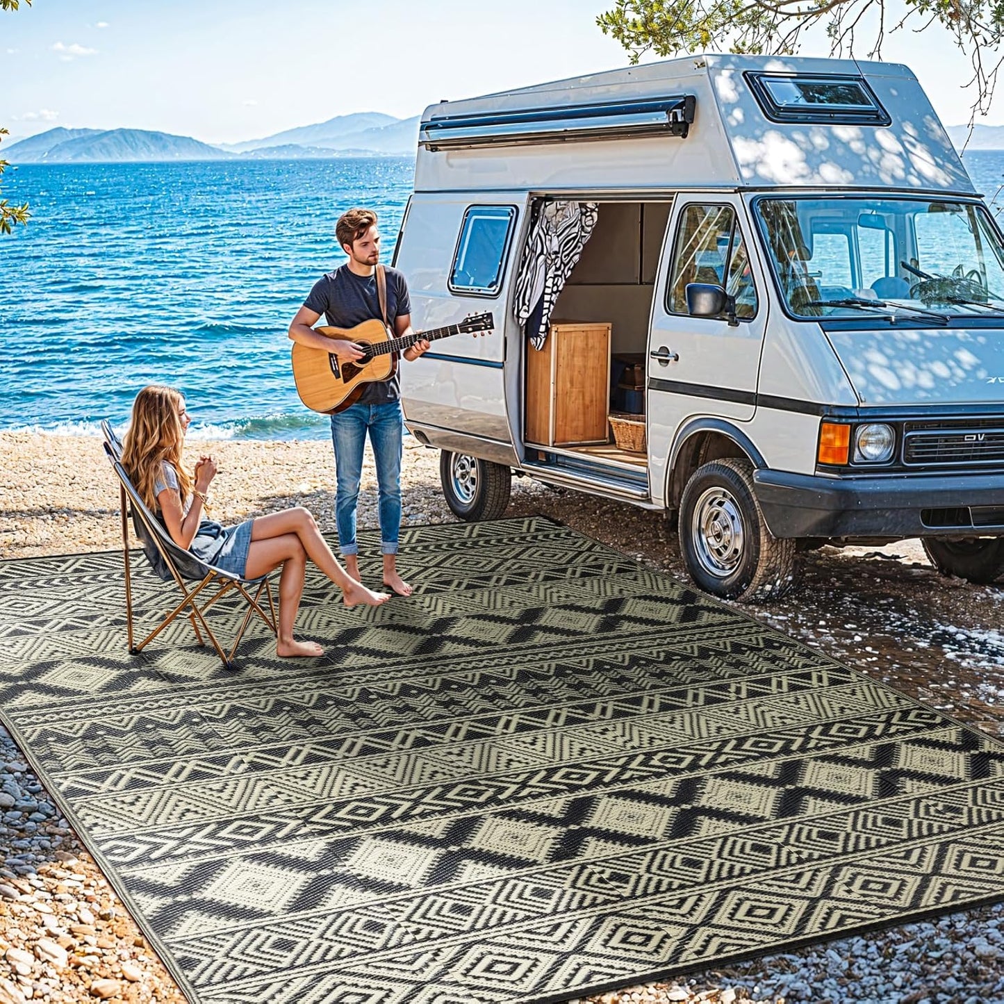 8'x10' Plastic Outdoor Rug - Plastic Straw Rug-Heavy-Duty Waterproof Mat, UV & Fade Resistant for Patio, Camping, RV, Deck, Balcony(8x10,Black&Beige)