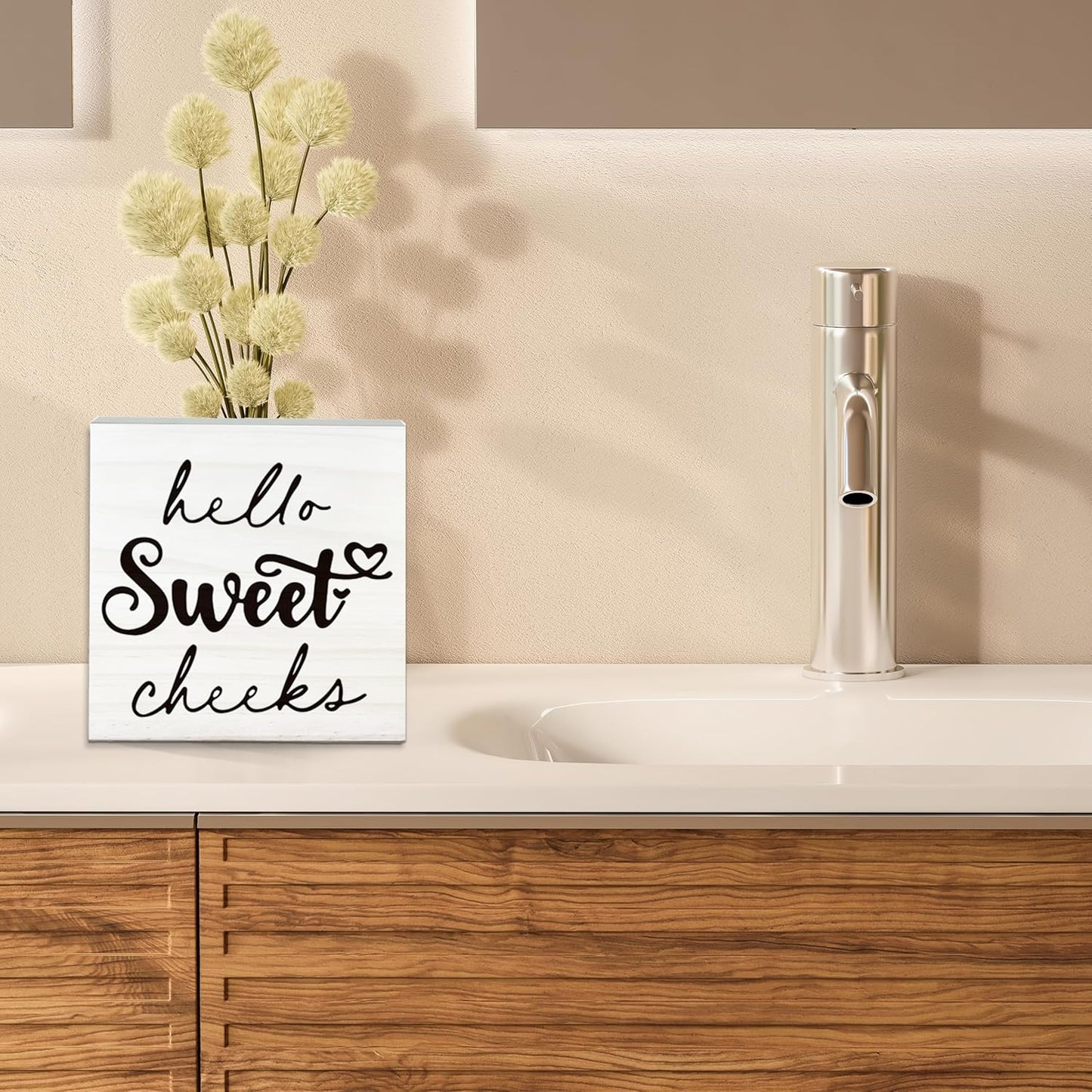 Hello Sweet Cheeks Wooden Sign - Funny White Block Plaque Desk Decoration - 5x5 inches Rustic Wood Block Gifts for Friends Family - Restroom Bathroom Toilet Tabletop Favors & Supplies-A08