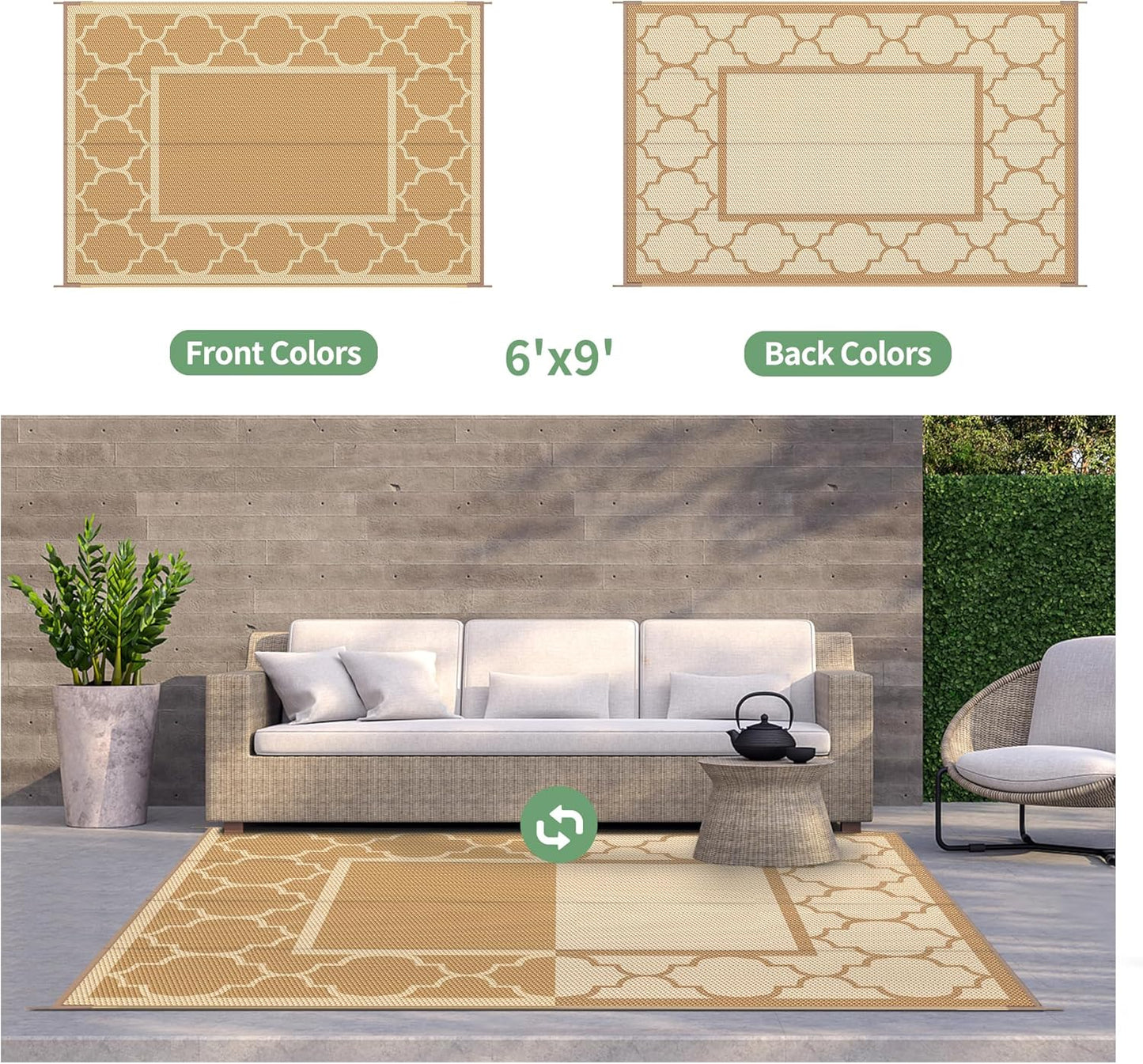 GENIMO 6' x 9' Outdoor Rug Waterproof for Patio Decor, Foldable Reversible Plastic Straw Area Rugs Mat for Camper, Outside Carpet for Rv, Deck, Porch, Picnic, Beach, Balcony, Brown & Beige