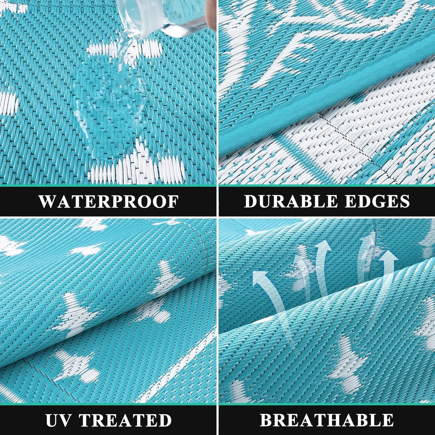 Pauwer Waterproof Outdoor Rug 8x10, Reversible Plastic Straw Patio Camping Rug, Indoor Outdoor RV Mat Carpet for Deck, Camper, Porch, Balcony, Backyard, Picnic, Bordered Teal