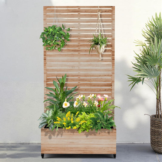 FENCY Metal Raised Garden Bed with Wheels and Trellis,73"x35"x16" Planter Box for Climbing Plants, Vegetables & Vines, Features Privacy Screen and Drainage Holes (Acacia Wood Finish)