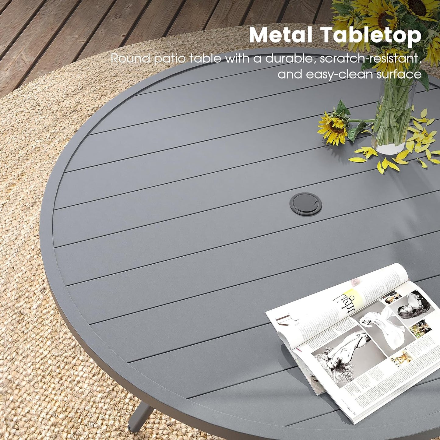 DIFY 48" Round Patio Dining Table for 6, All Weather Round Outdoor Metal Dining Table with 1.57" Umbrella Hole, Perfect for Backyard Lawn Garden, Grey