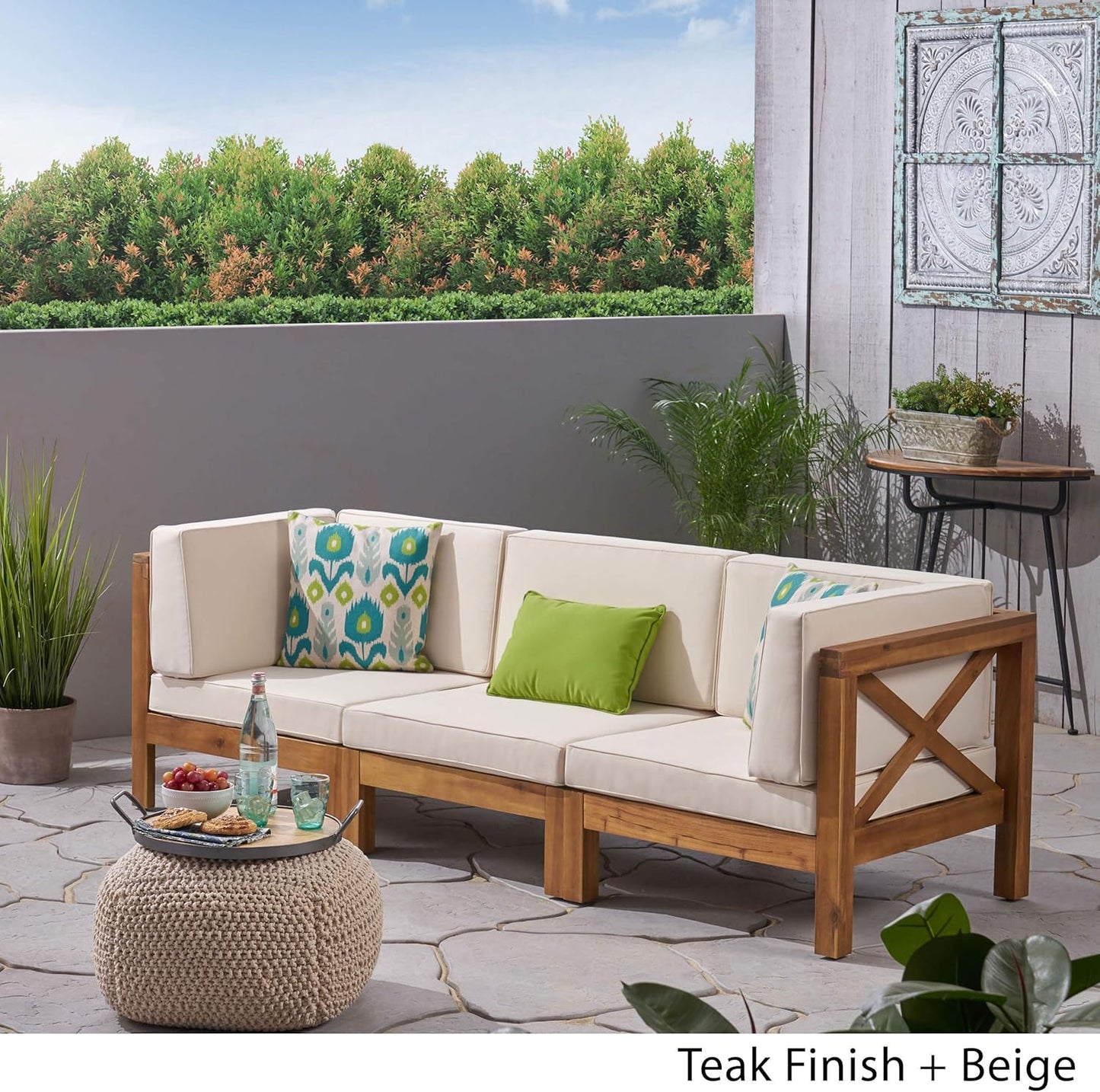 GDFStudio Outdoor Sectional Sofa Set | 3-Seater | Acacia Wood | Water-Resistant Cushions | Teak and Beige