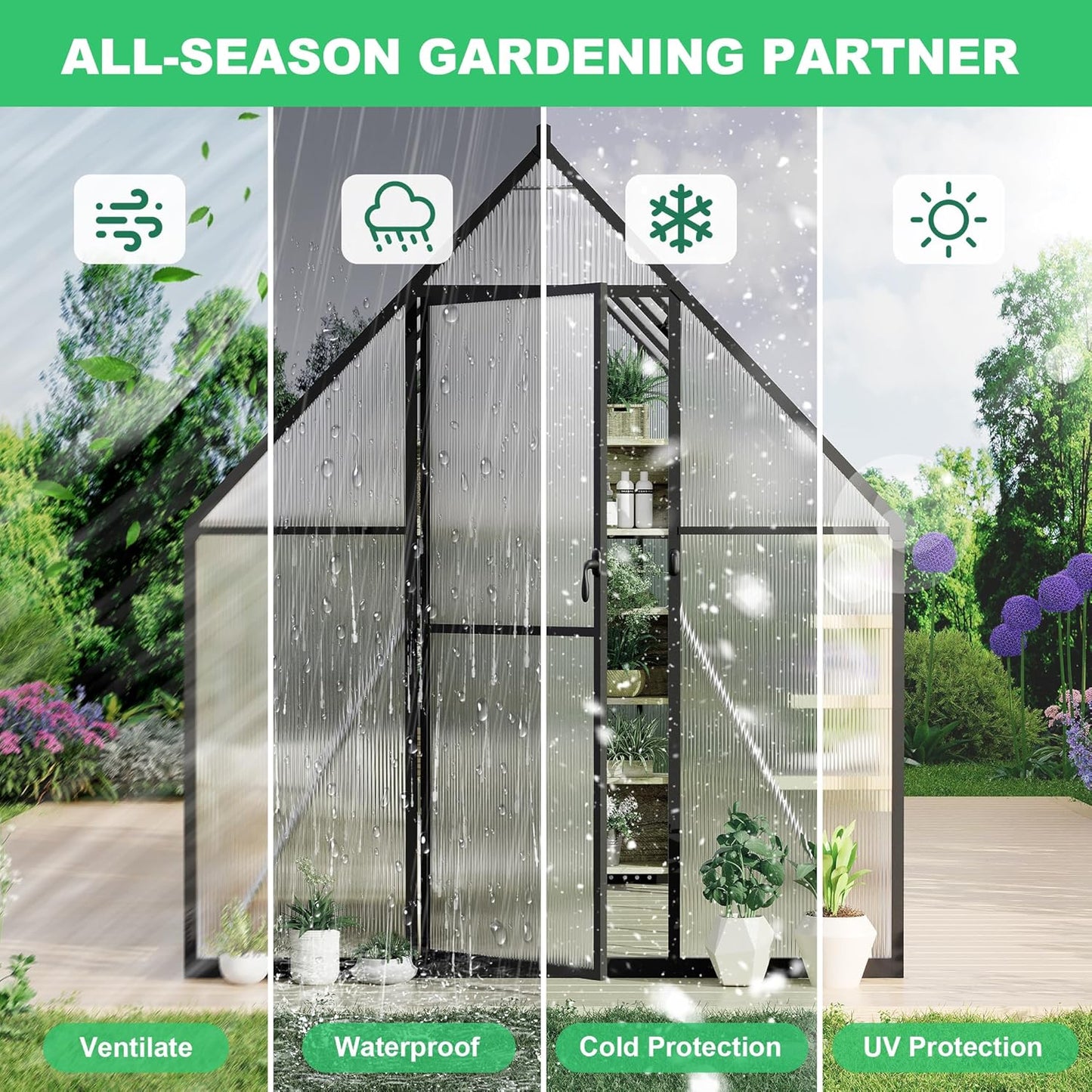 6'x9' Aluminum-Framed Polycarbonate Greenhouse, Heavy Duty Polycarbonate Greenhouse with Quick Setup Structure and Roof Vent, Large Enhanced Aluminum Green House Kit for Outdoors