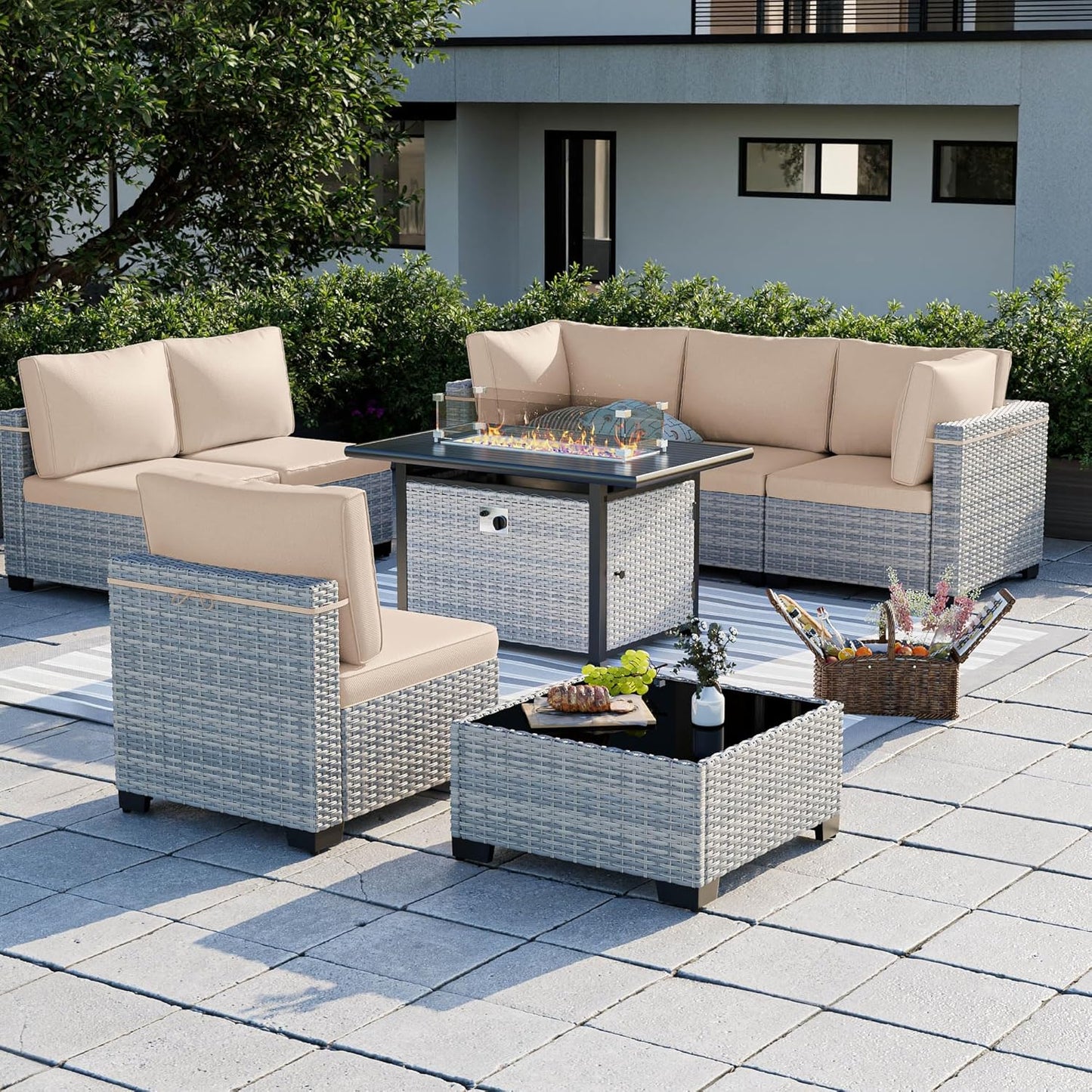 8-Piece Modern Patio Conversation Set with 55,000 BTU Fire Pit Table, Thick Cushions, Dual-Strand Wicker Rattan, Rust-Resistant Frame, Khaki