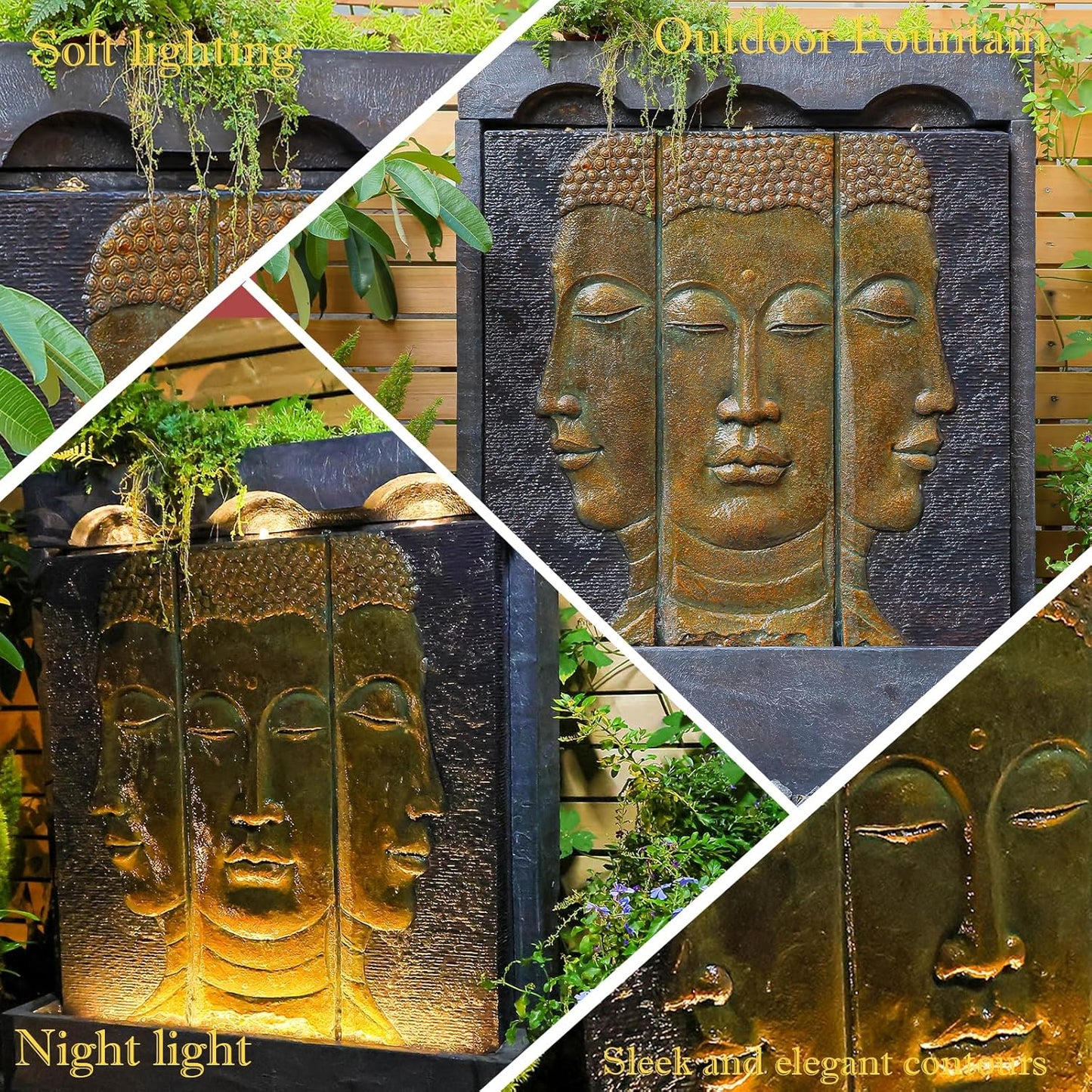 Zen Buddha Outdoor Fountain - Large Indoor Water Fountains Waterfall with Planting Groove Wall Water Feature for Garden Patio Backyard Deck Lawn Home Decor, 45 inchesTall, Gold