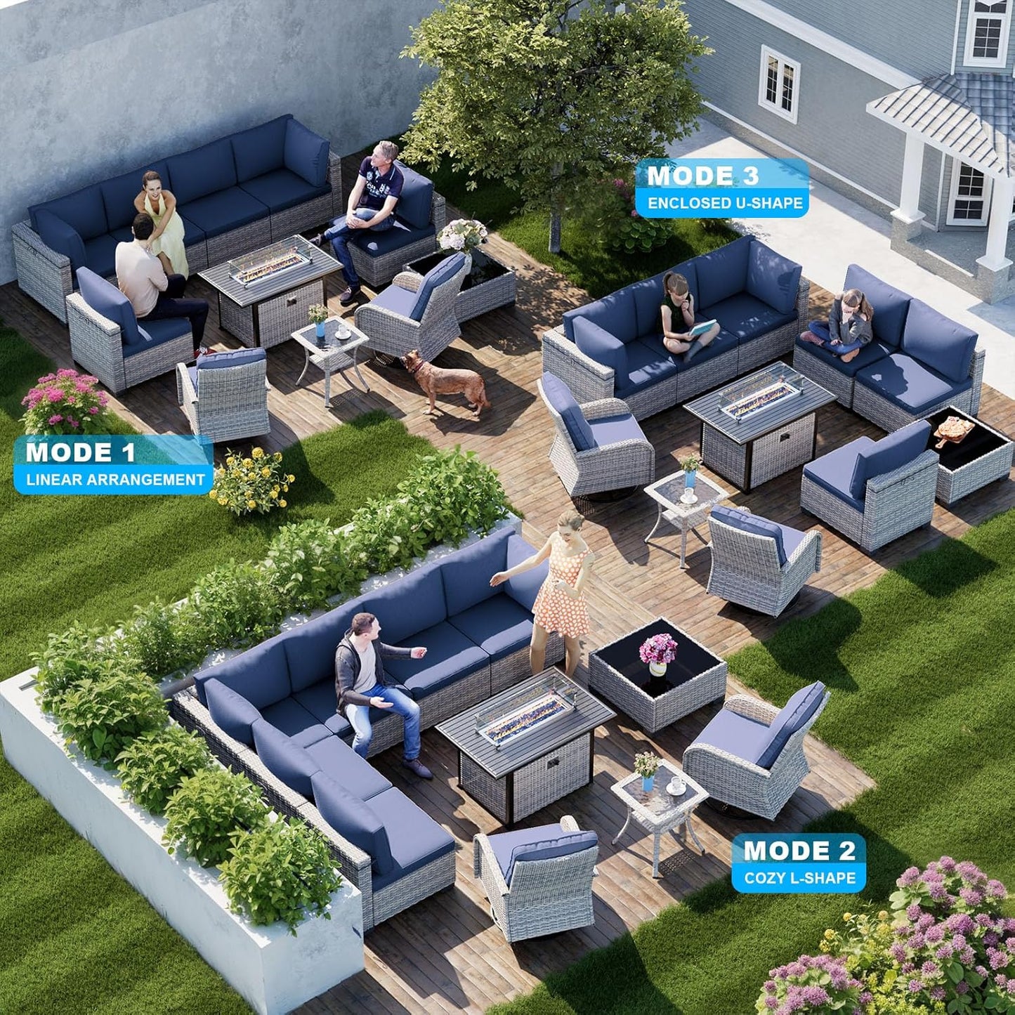 11-Piece Patio Furniture Set, Outdoor Patio Furniture with Fire Pit Table, Swivel Chairs Set, Thick Cushions, Modular Patio Sofa, Dual-Strand Wicker Rattan, Rust-Resistant Frame, Navy Blue