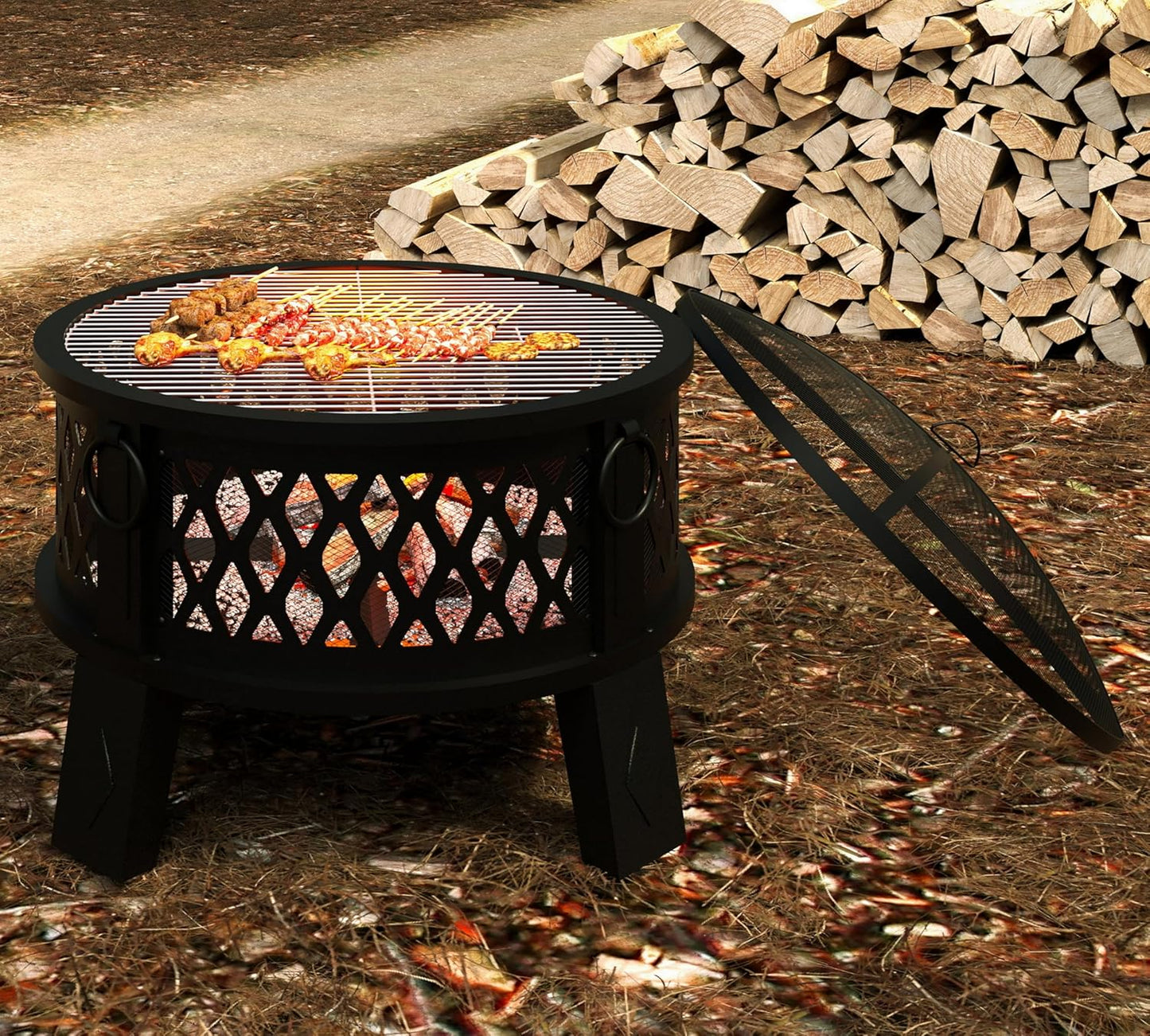 Fire Beauty 26" Steel Fire Pit with Grill & Diamond Mesh Design,360° Airflow Tech for 80% Less Smoke,XL Flames,Heavy-Duty Portable Outdoor Fire Bowl for Camping, Backyard, Beach (22lbs, 4 Handles)