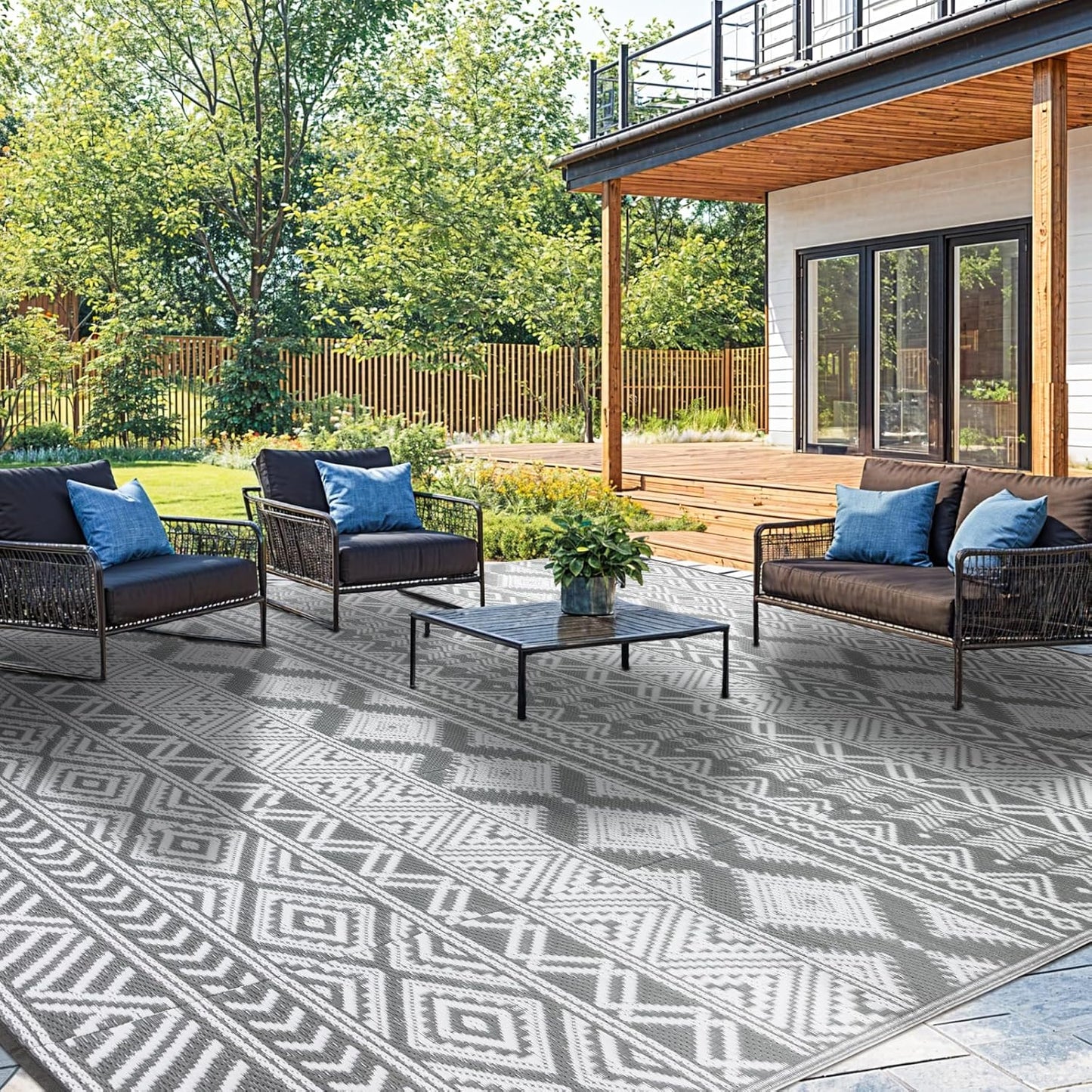 9'x12' Reversible Outdoor Rug - Eco-Friendly Plastic Straw Rug-Heavy-Duty Waterproof Mat, UV & Fade Resistant for Patio, Camping, RV, Deck, Balcony(9x12,Gray&White)