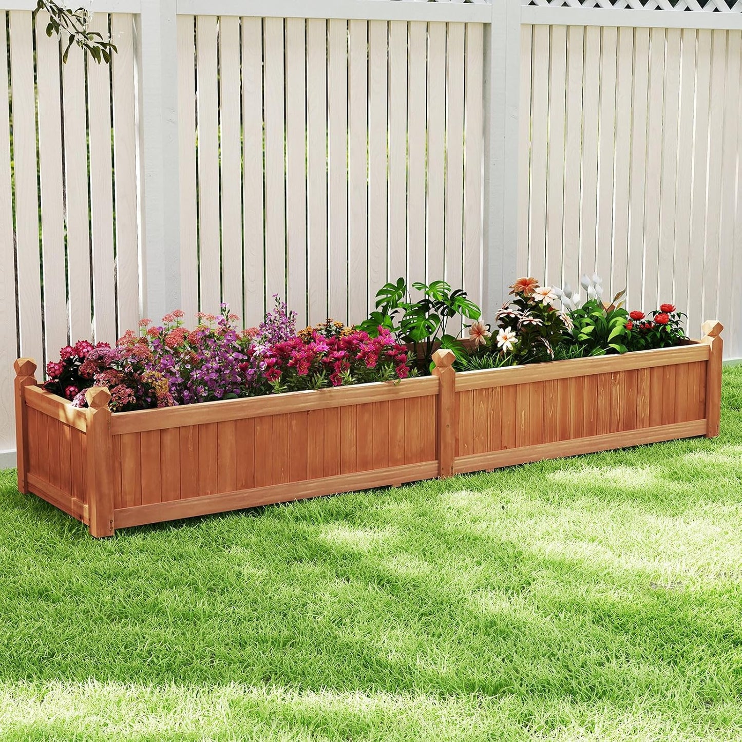 HAPPYGRILL Raised Garden Bed, Wood Elevated Flower Box with 8 Drain Holes, Liner, for Flowers, Vegetables, Herbs, Fruits, Outdoor Planter Box for Backyard, Garden, Lawn, 89" x 23.5" x 16"