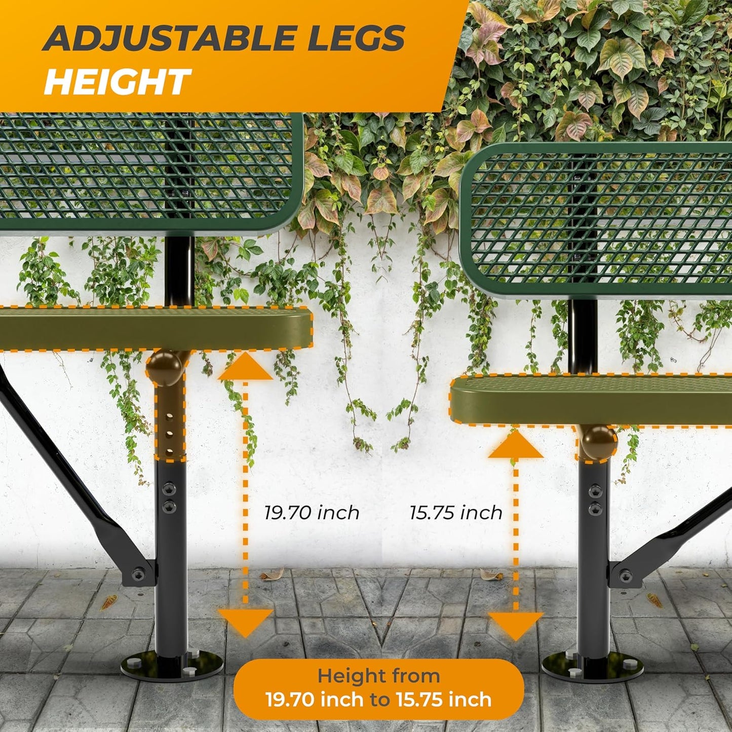 Heavy-Duty Outdoor Metal Bench, Thermoplastic-Coated, Surface, Weatherproof, Commercial-Grade for Parks, Gardens, Patios, Stores & More (6 Ft - Surface with Back, Green)