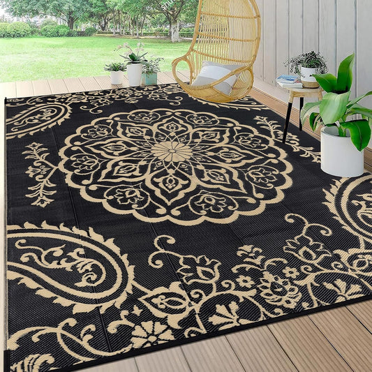 Pauwer Waterproof Outdoor Rug 8x10, Reversible Plastic Straw Patio Camping Rug, Indoor Outdoor RV Mat Carpet for Deck, Camper, Porch, Balcony, Backyard, Picnic, Boho Black Brown