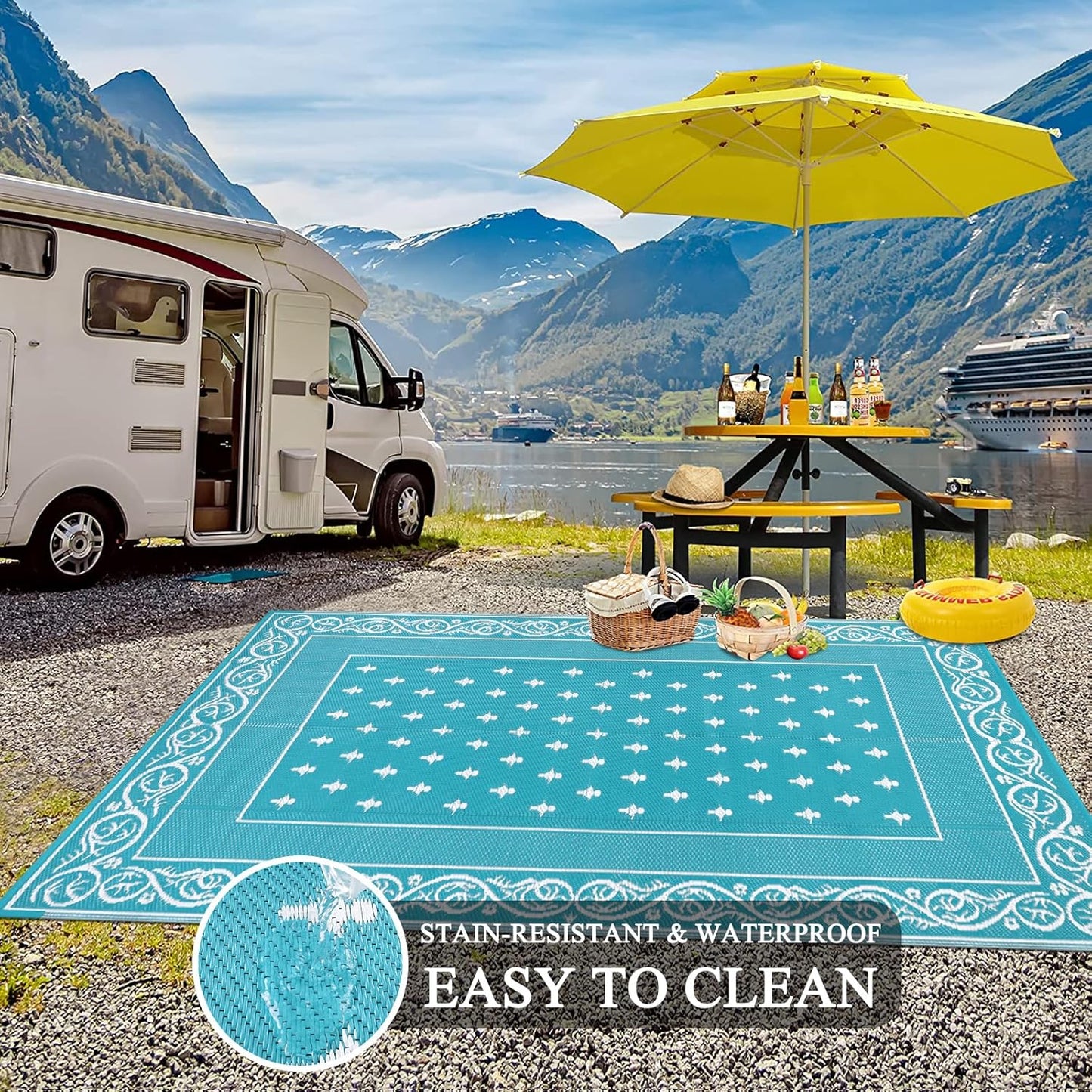 Pauwer Waterproof Outdoor Rug 9x12, Reversible Plastic Straw Patio Camping Rug, Indoor Outdoor RV Mat Carpet for Deck, Camper, Porch, Balcony, Backyard, Picnic, Bordered Teal