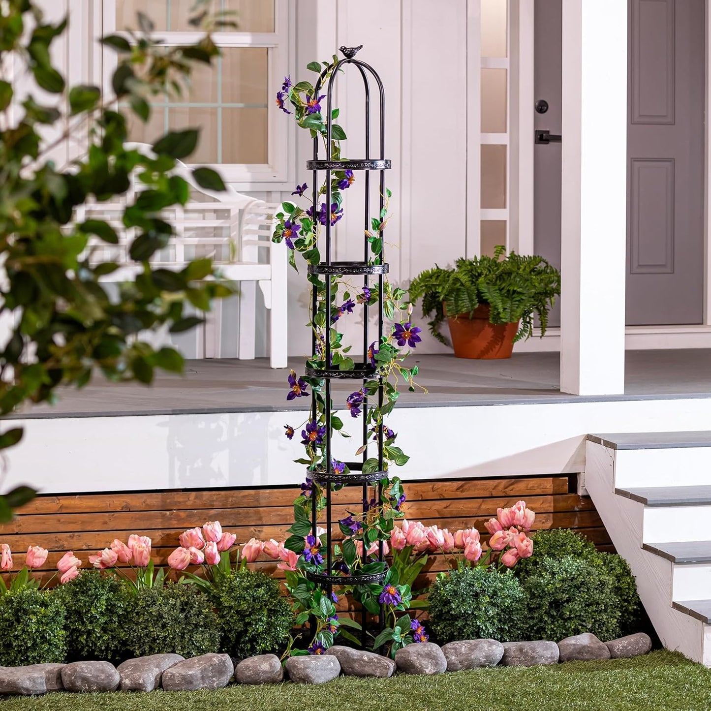 Evergreen Garden Metal Garden Obelisk Trellis for Climbing Plants Outdoor | Indoor Plant Trellis for Potted Plants | Floral Pattern Arch Trellis (7 Feet, Black)