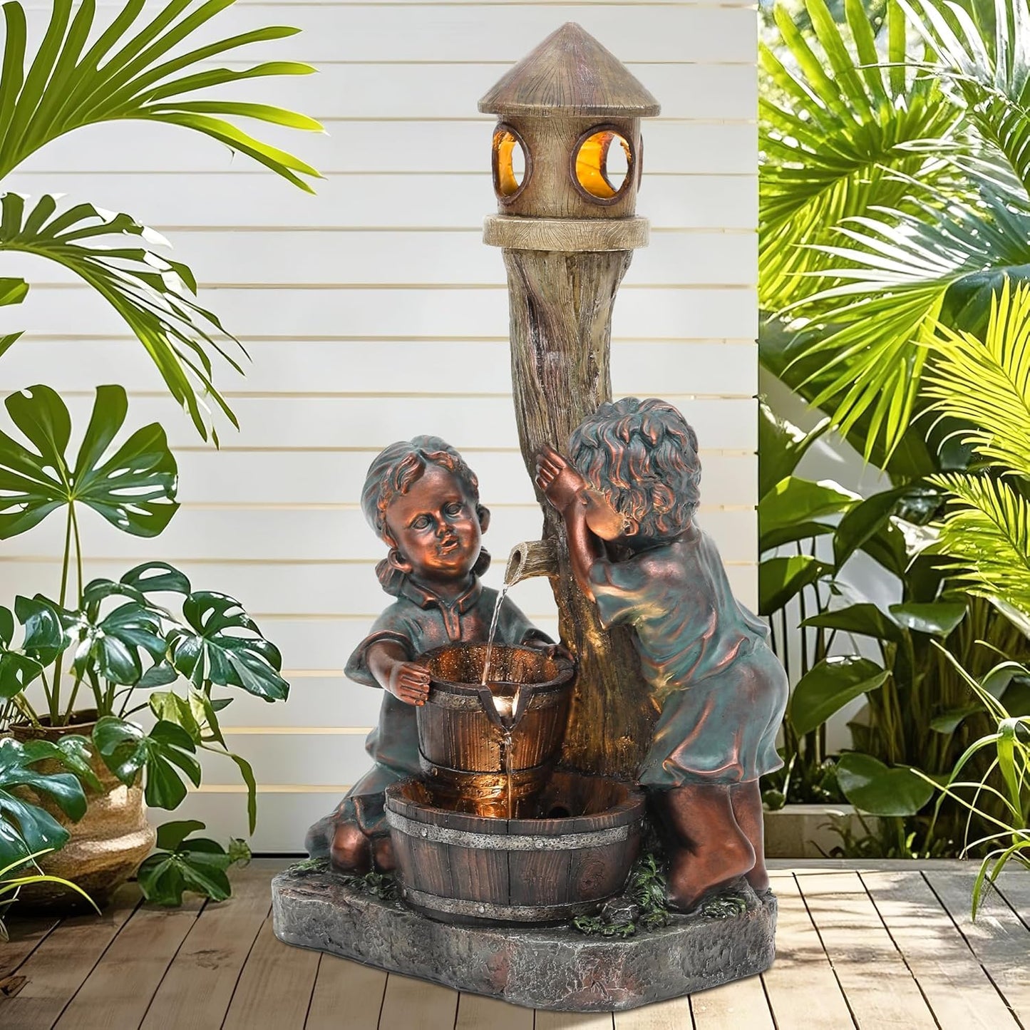 31" Resin Outdoor Water Fountain with LED Lights, Boy-Girl, Pagoda and Wood Barrel Garden Fountain, 3-Tier Cascading Waterfall for Tranquil Backyard, Patio or Porch, Faux Bronze Finish