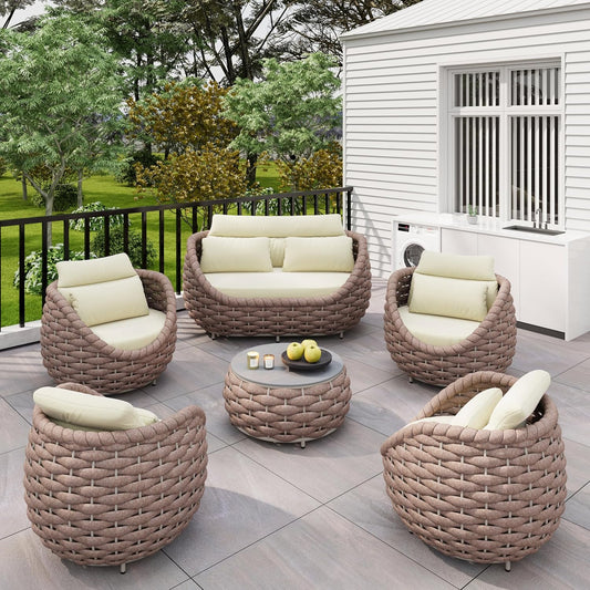 Aluminum Deck Outdoor Furniture Set: 6 Pieces Rope Patio Conversation Sofa Set - Modern Woven Porch Couch Set Cushioned - No Assembly All Weather for 660lbs Yard Garden Lanai Hotel, Terracotta