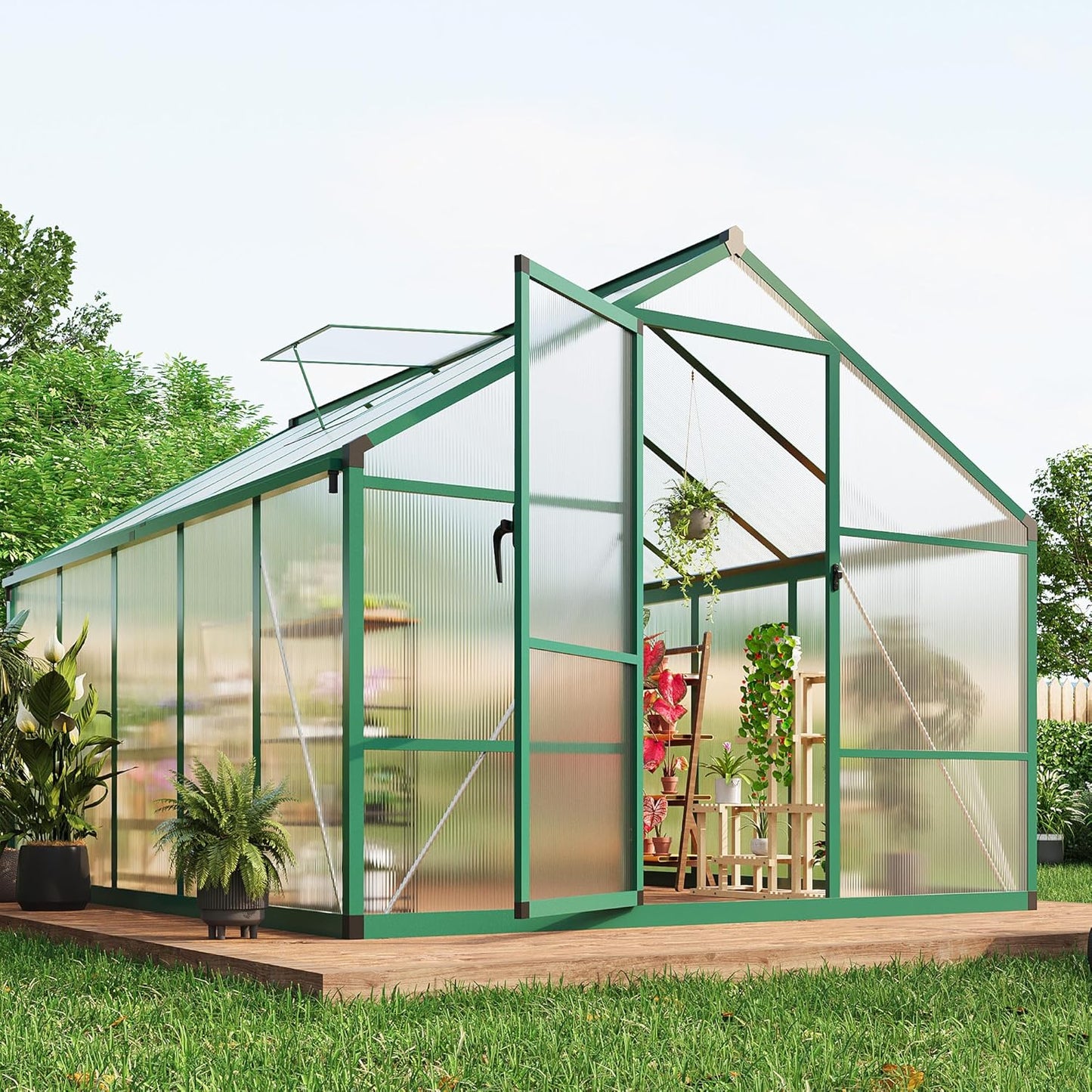 8×10 FT Greenhouse, Large Walk in Greenhouses for Outdoors and Garden Planting, Polycarbonate Greenhouse with Enhanced Aluminum Frame, Green Houses with Quick Setup Structure and Roof Vent, Green