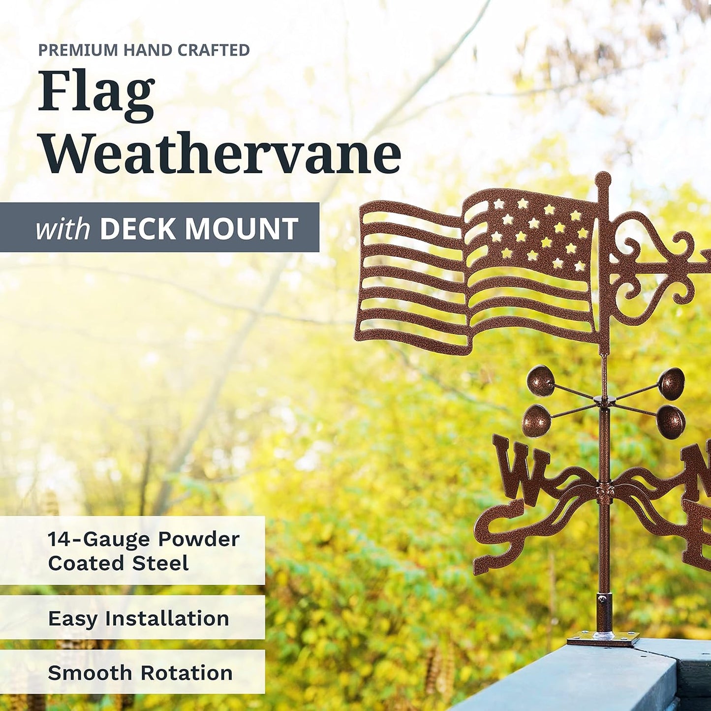 EZ Vane Steel USA Flag Weathervane 21” Height, Includes Metal Deck Mount, Wind Cups & Brackets | Hand-Crafted and Family-Owned, Made in The USA with Triple Powder Coating, Limited