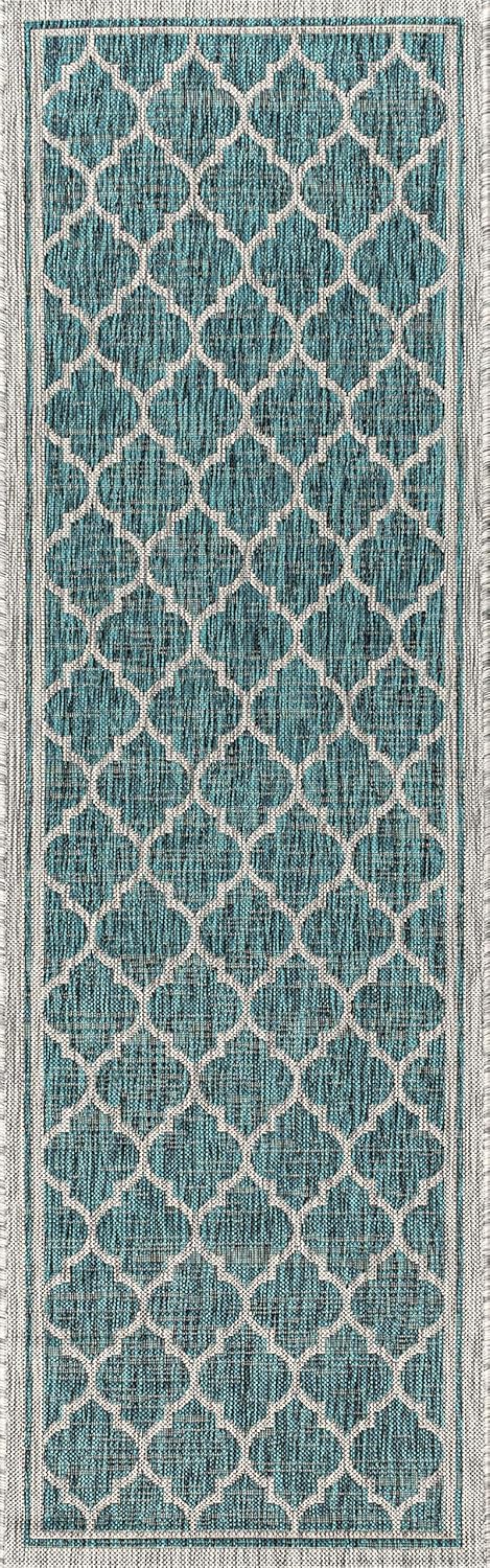 Eyely BMS109E-210 Santa Monica Trebol Moroccan Trellis Textured Weave Indoor/Outdoor Runner Rug Coastal;Bohemian, Bedroom, Backyard, Patio, Easy-Cleaning, Non-Shedding, 2 X 10, Teal/Gray