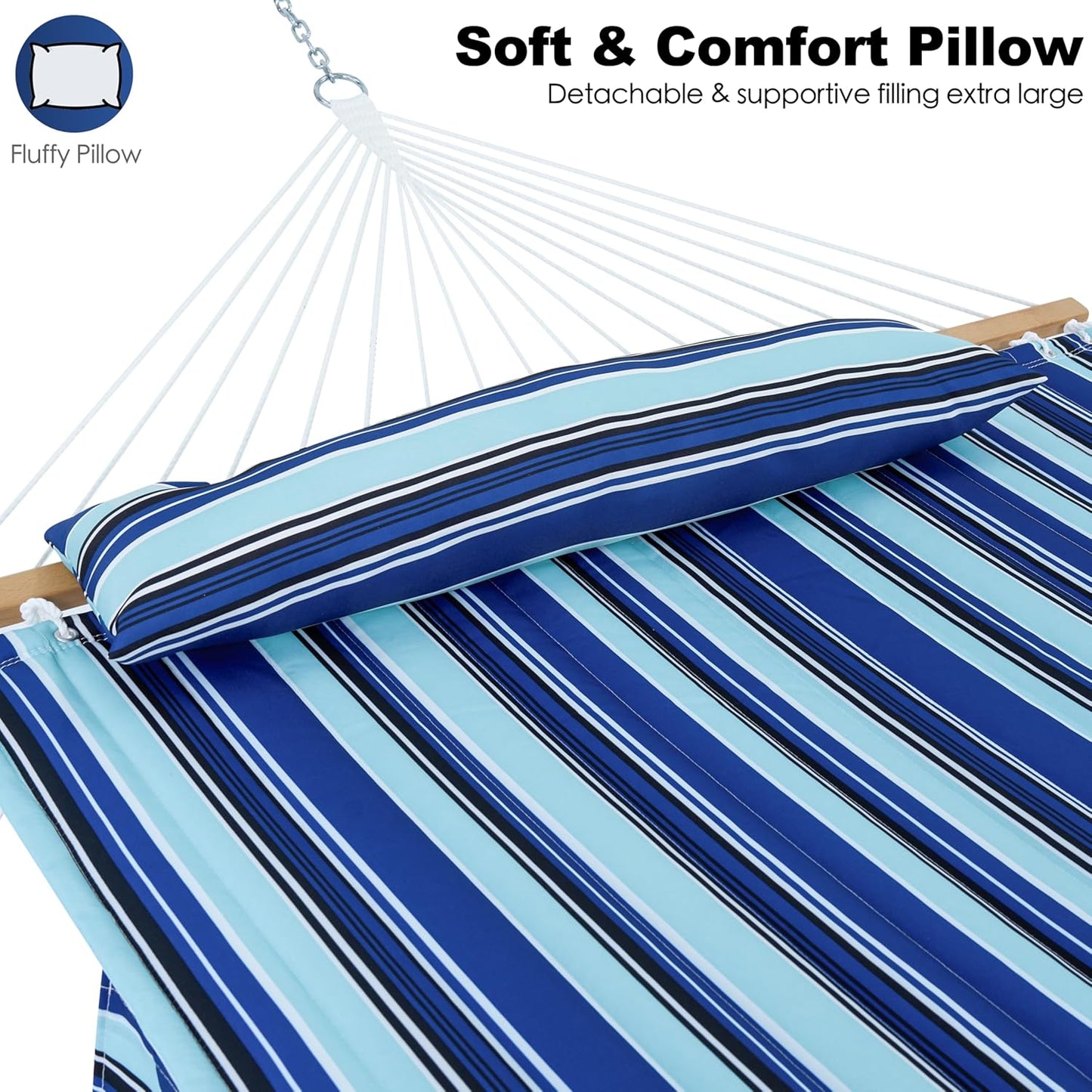 2 Person Hammocks for Outside, Double Quilted Fabric Outdoor Hammock with Spreader Bar, Large Removable Pillow, Storage Pockets, Carabiners, Max 475 lbs Capacity (Catalina Beach)