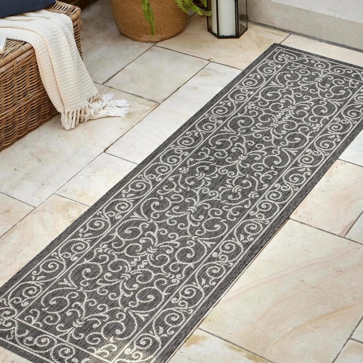 JONATHAN Y SMB106G-28 Charleston Vintage Filigree Textured Weave Indoor Outdoor Rug Living Room Backyard,2 X 8,Black/Gray