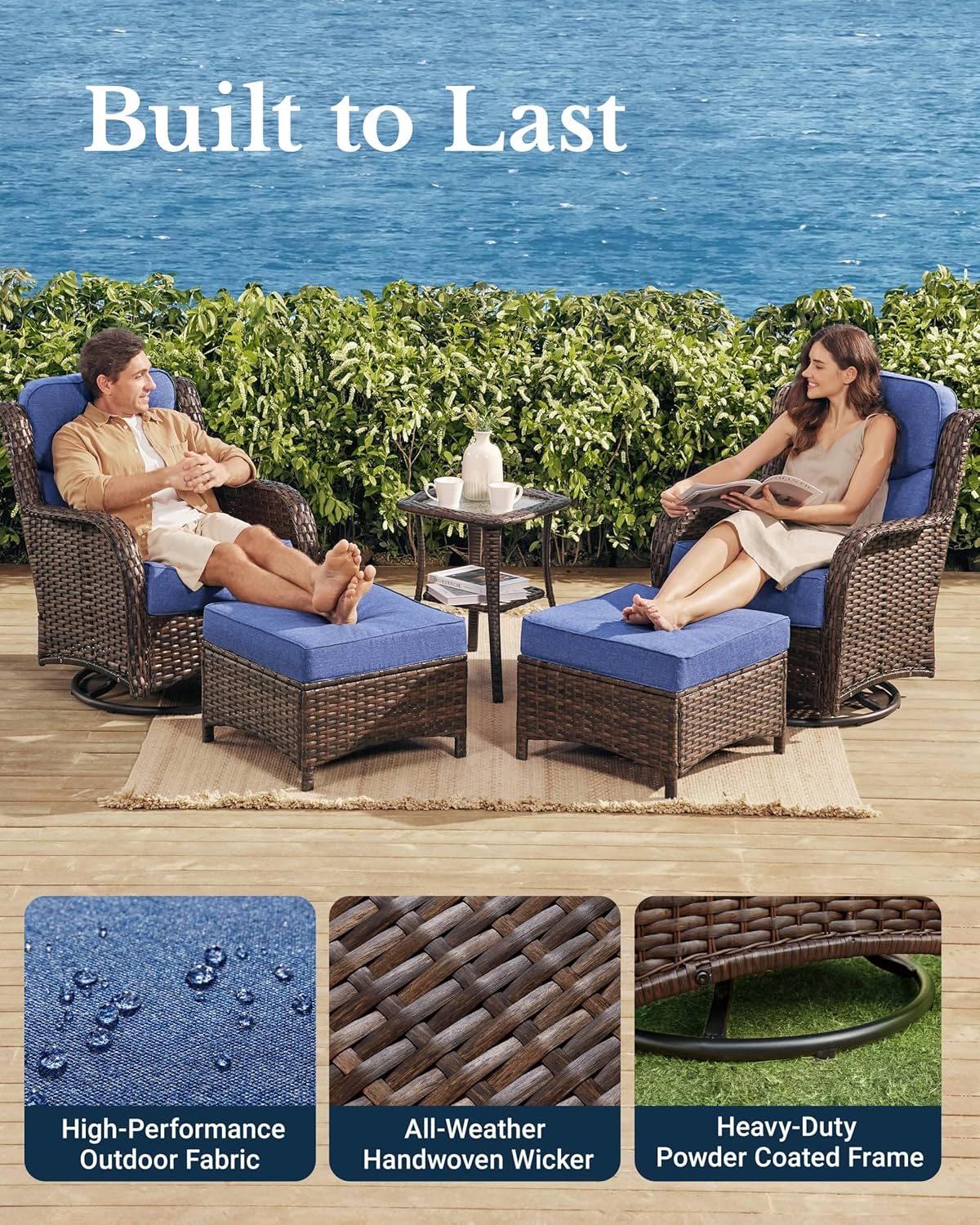 HILLGA Luxury Patio Furniture Set with 6-inch Thick Cushion, Outdoor High Back Swivel Rocker Patio Chairs, 5PCS Wicker Conversation Set for Deck Yard and Poolside, Blue (V2)