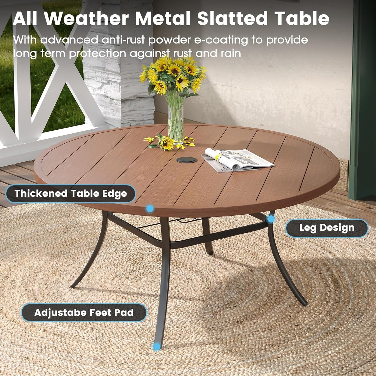 DIFY 50" Round Outdoor Patio Dining Table for 6, Metal Patio Table with 1.57" Adjustable Umbrella Hole, All-Weather Dining Furniture Table for Backyard Lawn Garden, Walnut