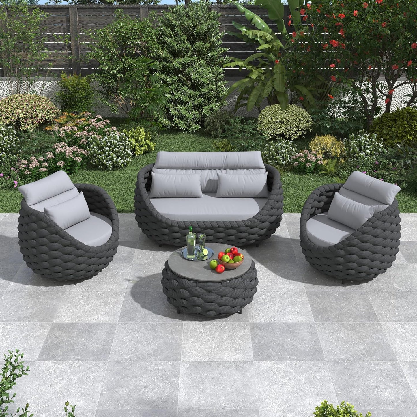 4-Piece Woven Rope Outdoor Seating Set: Alumunim Frame, No Assembly, All-Weather Accent Patio Furniture - Modern Garden Lounge Conversation Set for Backyard Deck Porch Poolside Hotel