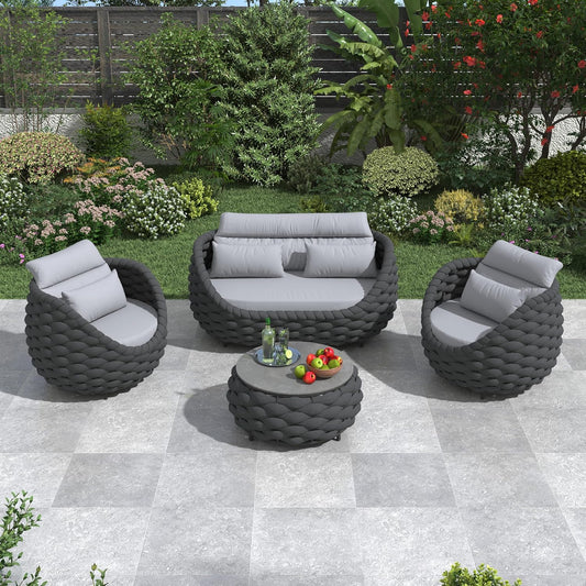 4-Piece Woven Rope Outdoor Seating Set: Alumunim Frame, No Assembly, All-Weather Accent Patio Furniture - Modern Garden Lounge Conversation Set for Backyard Deck Porch Poolside Hotel