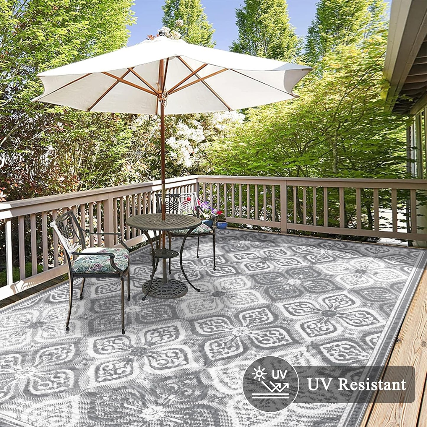 Pauwer Waterproof Outdoor Rug 8x10, Reversible Plastic Straw Patio Camping Rug, Indoor Outdoor RV Mat Carpet for Deck, Camper, Porch, Balcony, Backyard, Picnic, Clover Grey