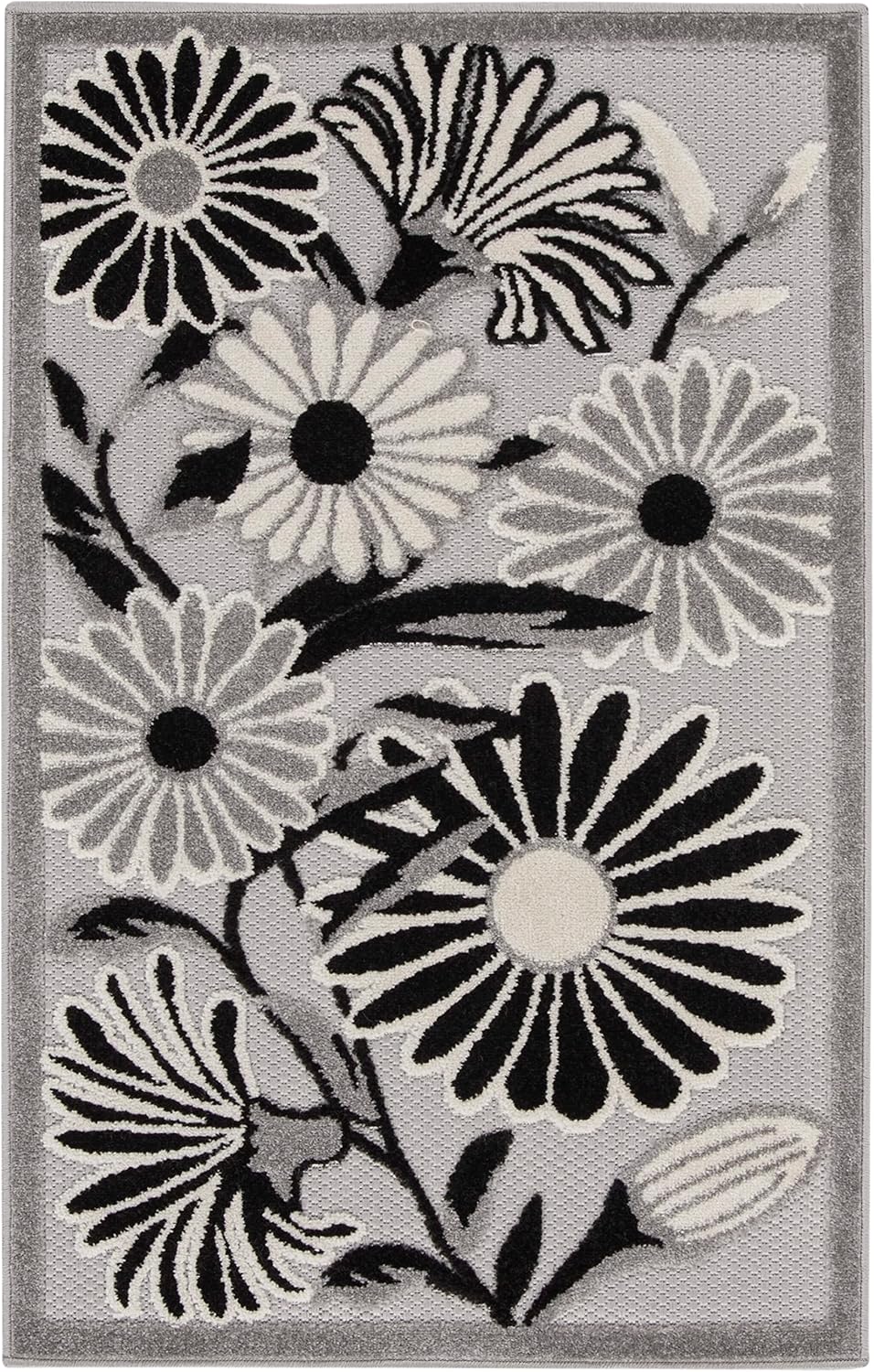 Nourison Home Aloha Indoor/Outdoor Black White 2'8" x 4' Area Rug, Easy Cleaning, Non Shedding, Bed Room, Living Room, Dining Room, Backyard, Deck, Patio (3x4)