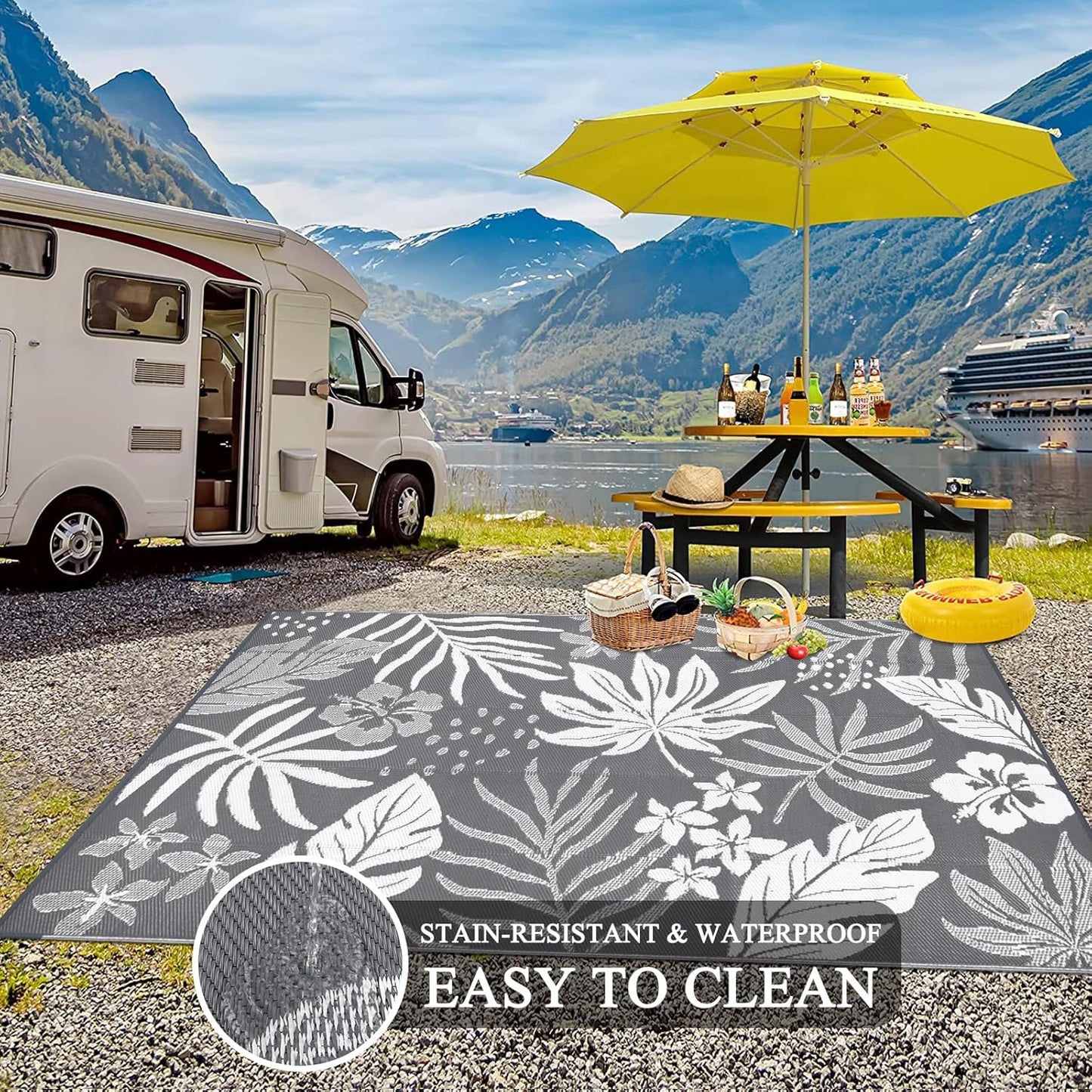 Pauwer Waterproof Outdoor Rug 6x9, Reversible Plastic Straw Patio Camping Rug, Indoor Outdoor RV Mat Carpet for Deck, Camper, Porch, Balcony, Backyard, Picnic, Floral Grey