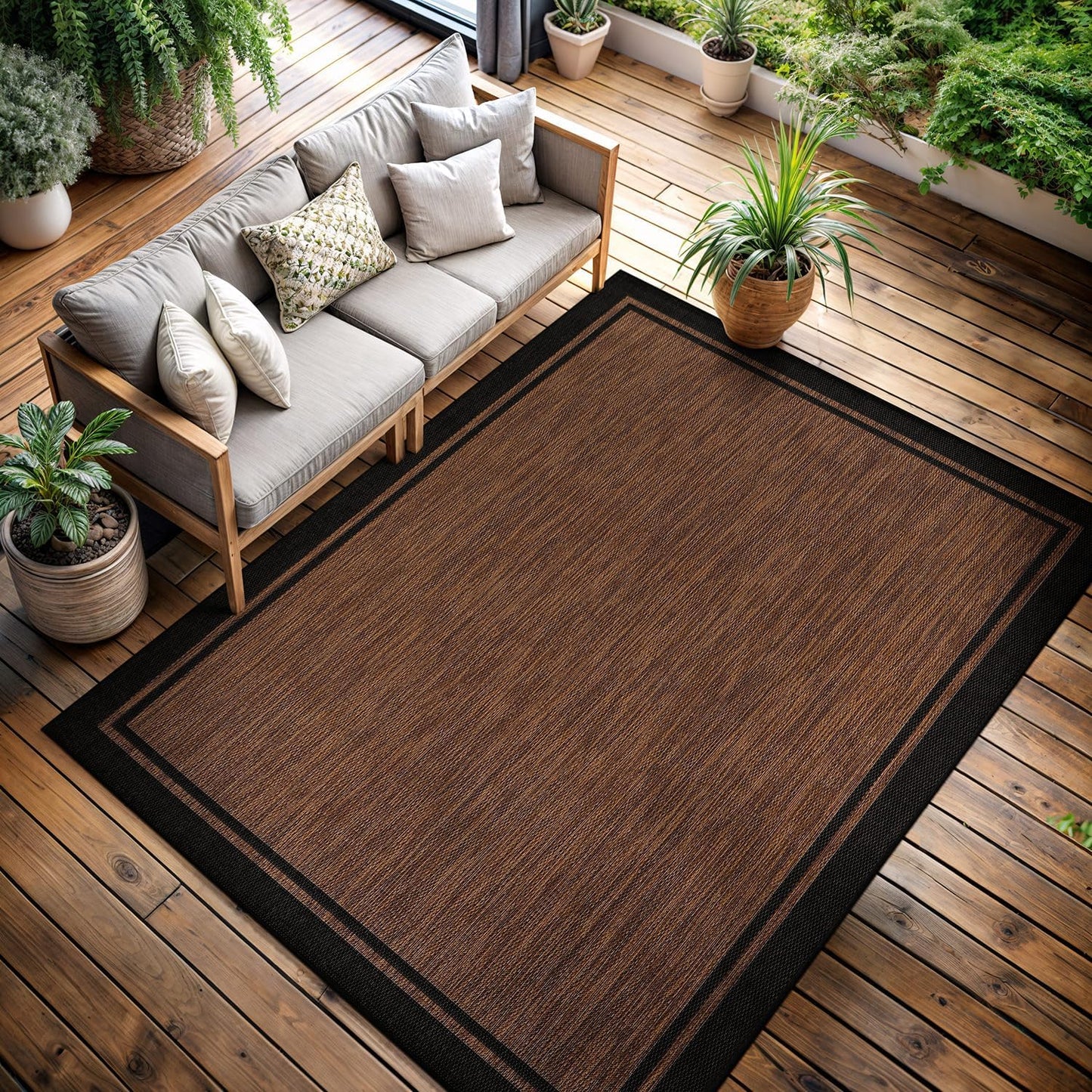 CAMILSON Indoor Outdoor Rug, 10x14 Bordered Nut Brown Black Modern Area Rugs for Indoor and Outdoor Patios, Kitchen and Hallway Mats, Washable Porch Deck Outside Carpet (Border Nut Brown Black 10 x14)
