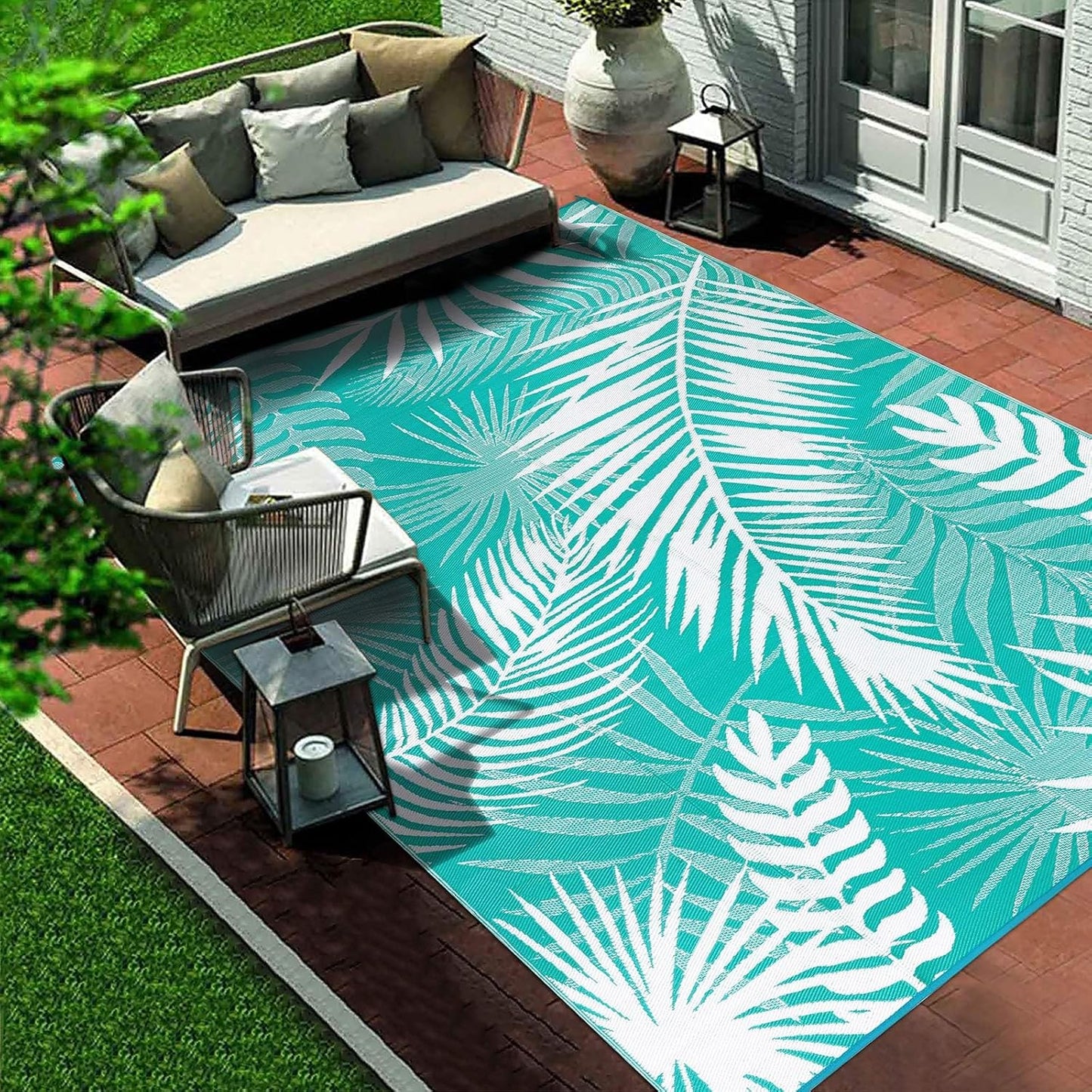 Outdoor Rug 8'x10' Waterproof for Patios Clearance, Reversible Outdoor Plastic Straw Rug Camping Carpet, Outside Floor Mats Large Area Rugs for RV,Patio,Deck,Porch, Beach,Balcony,Teal&White