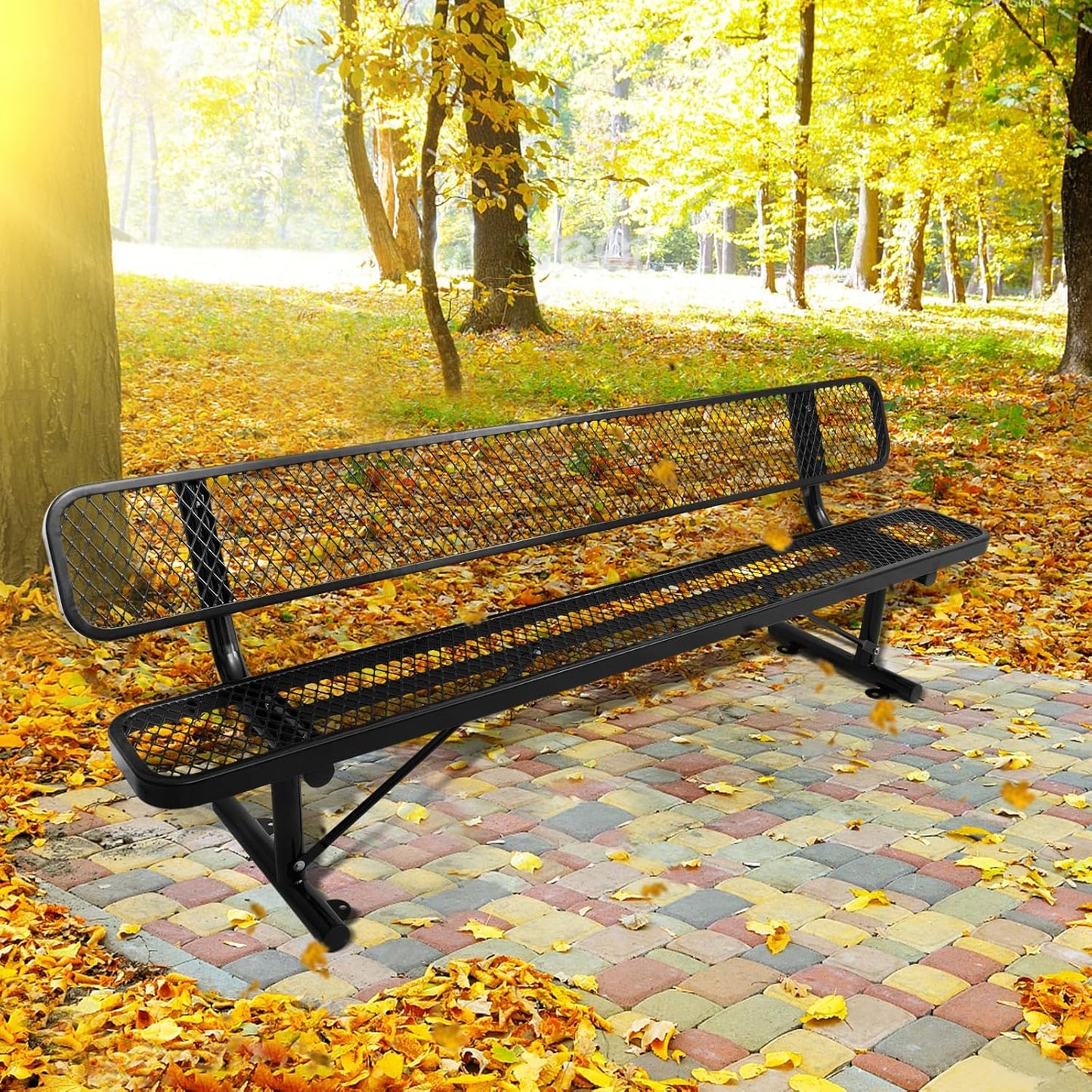 Drexo 8FT Heavy Duty Park Bench with Back Portable Frame, Outdoor Metal Park Bench with Backrest, Steel Mesh Outdoor Bench for Garden, Lawn, Patio, Porch, Park, Yard, Black