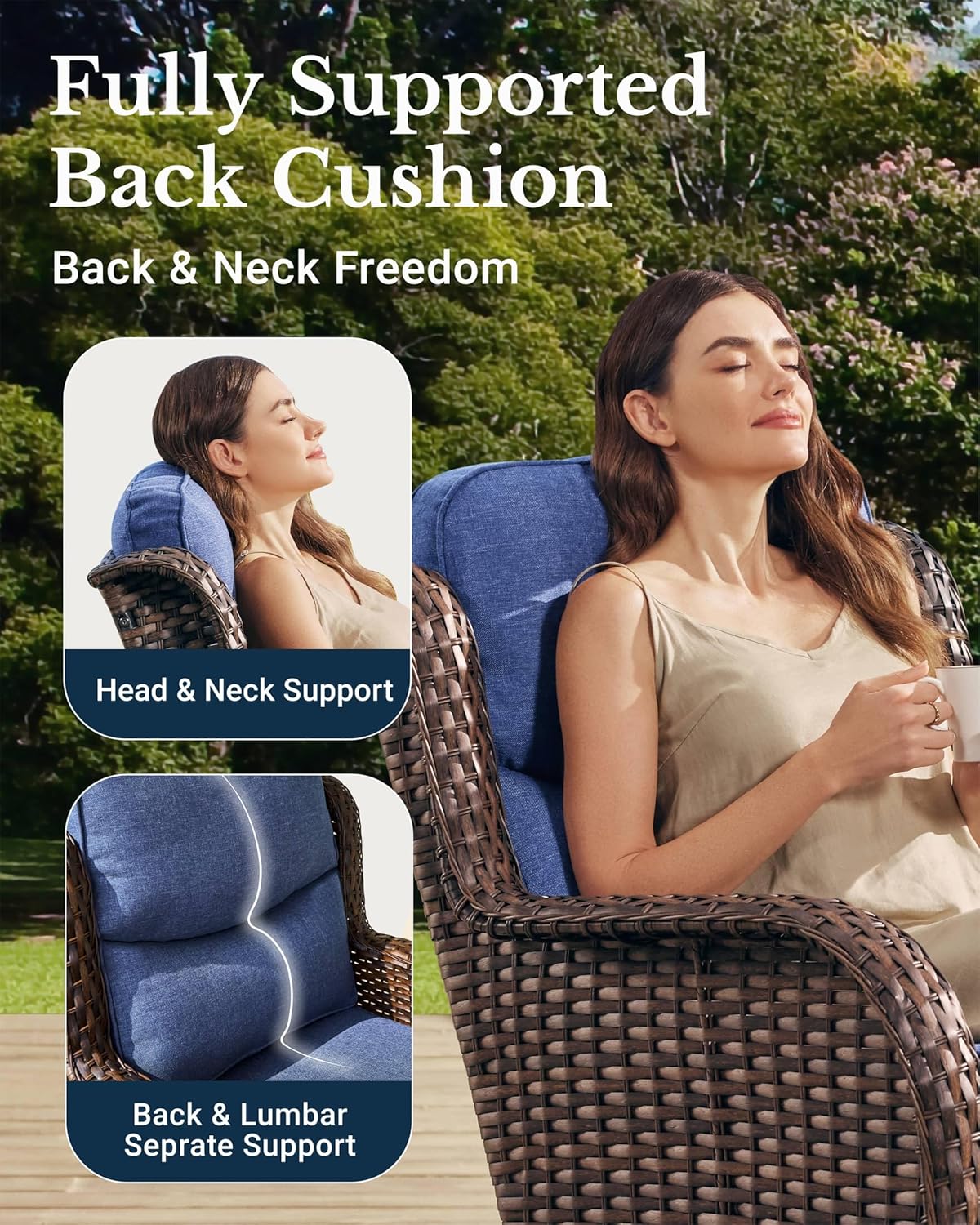 HILLGA Luxury Patio Furniture Set with 6-inch Thick Cushion, Outdoor Loveseat and High Back Swivel Rocker Patio Chairs, 6PCS Wicker Conversation Set for Deck Yard and Poolside, Blue (V2)