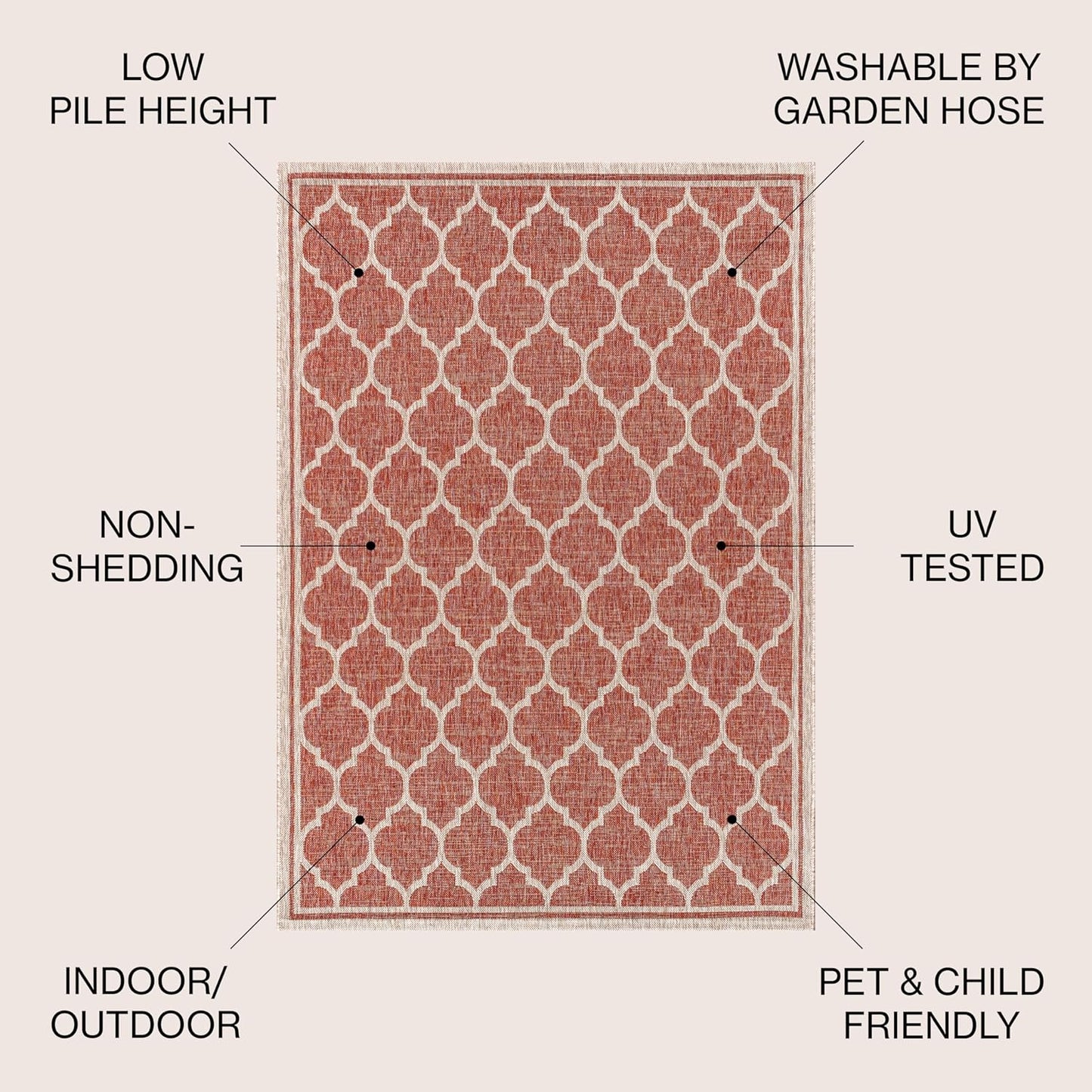 Eyely BMS109C-6SQ Santa Monica Trebol Moroccan Trellis Textured Weave, Pet Friendly, Non-Shedding, Stain Resistant, Easy-Cleaning, Red/Beige, 6' Square, Indoor/Outdoor, Area Rug