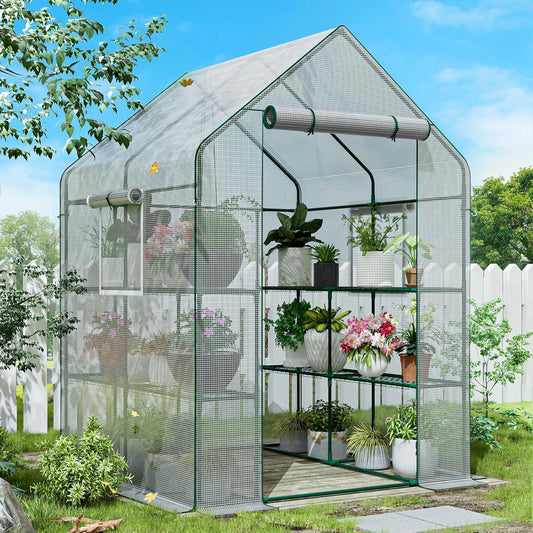 56×56×78Inch Walk-in Greenhouse, Heavy Duty Small Plant House with Thicken PE Cover and Steel Frame, for Garden, Outdoors, Indoors, White