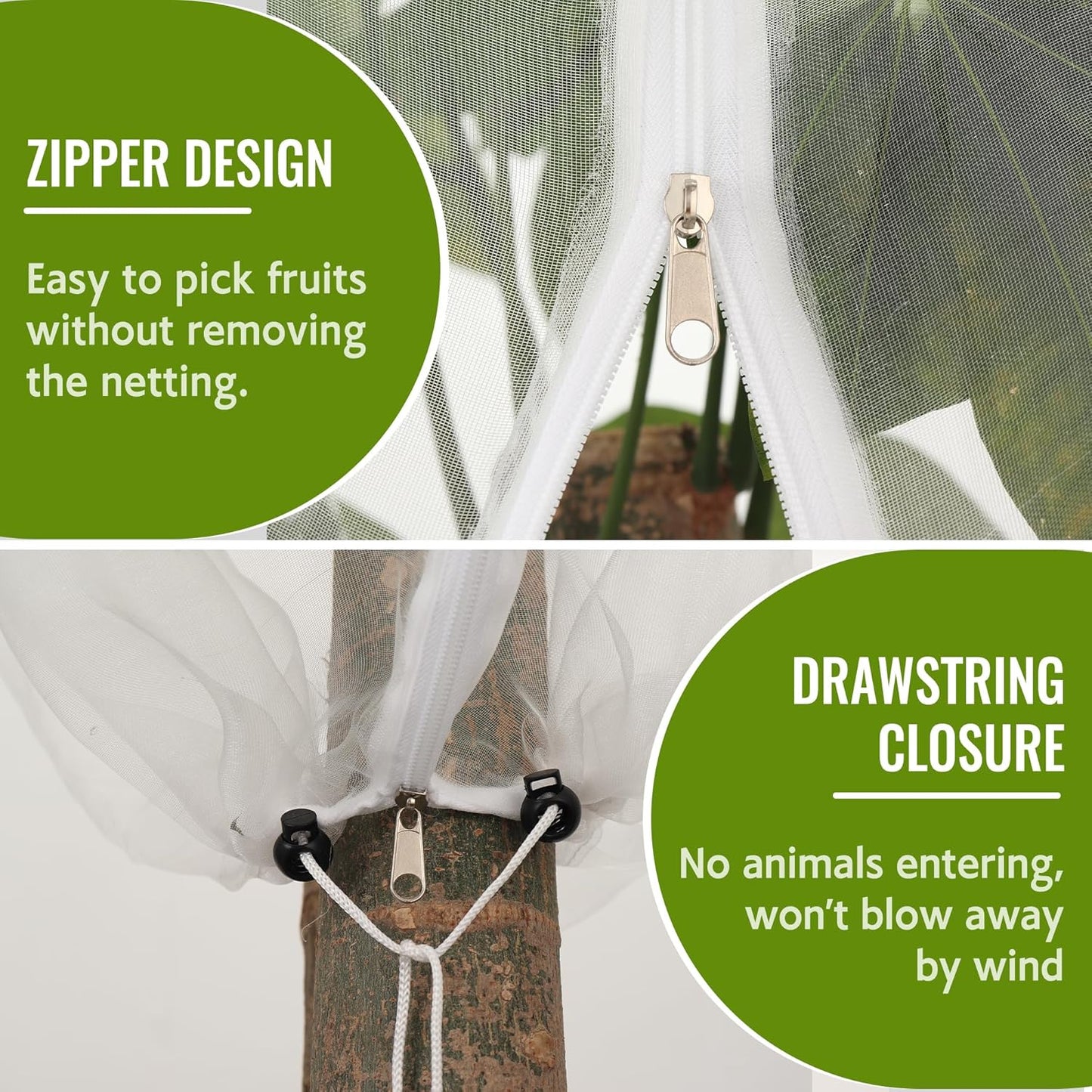 2 Pack Fruit Tree Netting Bags with Zipper and Drawstring, Ultra Fine Mesh Garden Netting Plant Cover, Bird Netting for Blueberry Bushes, Fruit Vegetable Trees, Flowers (White, 10 x 10 ft)