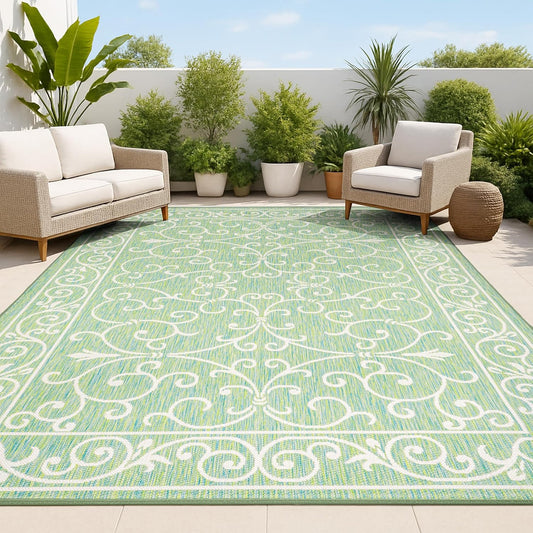 JONATHAN Y SMB106K-3 Charleston Vintage Filigree Textured Weave Indoor Outdoor Area Rug, Classic Traditional Easy-Cleaning,Bedroom,Kitchen,Backyard,Patio,Non Shedding, 3 X 5, Green/Ivory