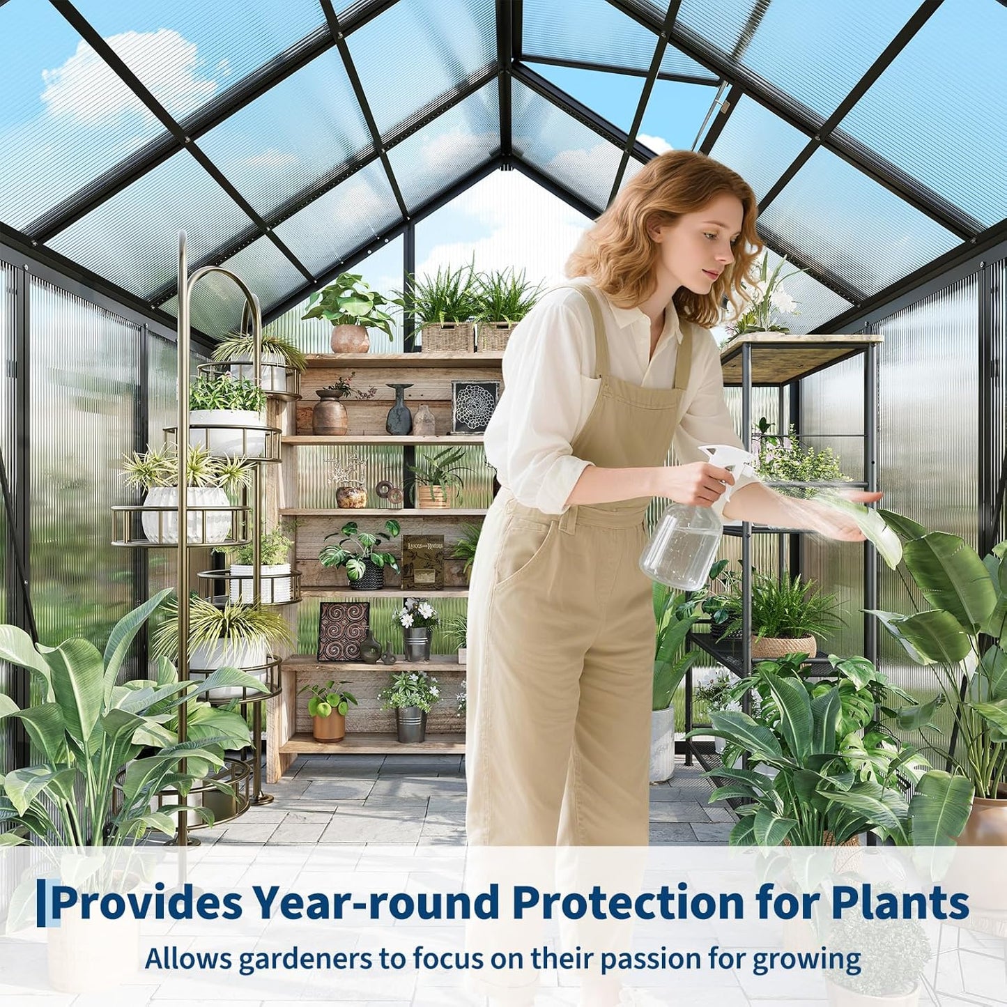 6x6 FT Outdoor Walk-in Greenhouse,All-Season Polycarbonate Garden Greenhouse with Reinforced Aluminum Frame, Roof Vent, Lockable Door & Easy Setup – Includes Ground Nails & Drainage(Black)