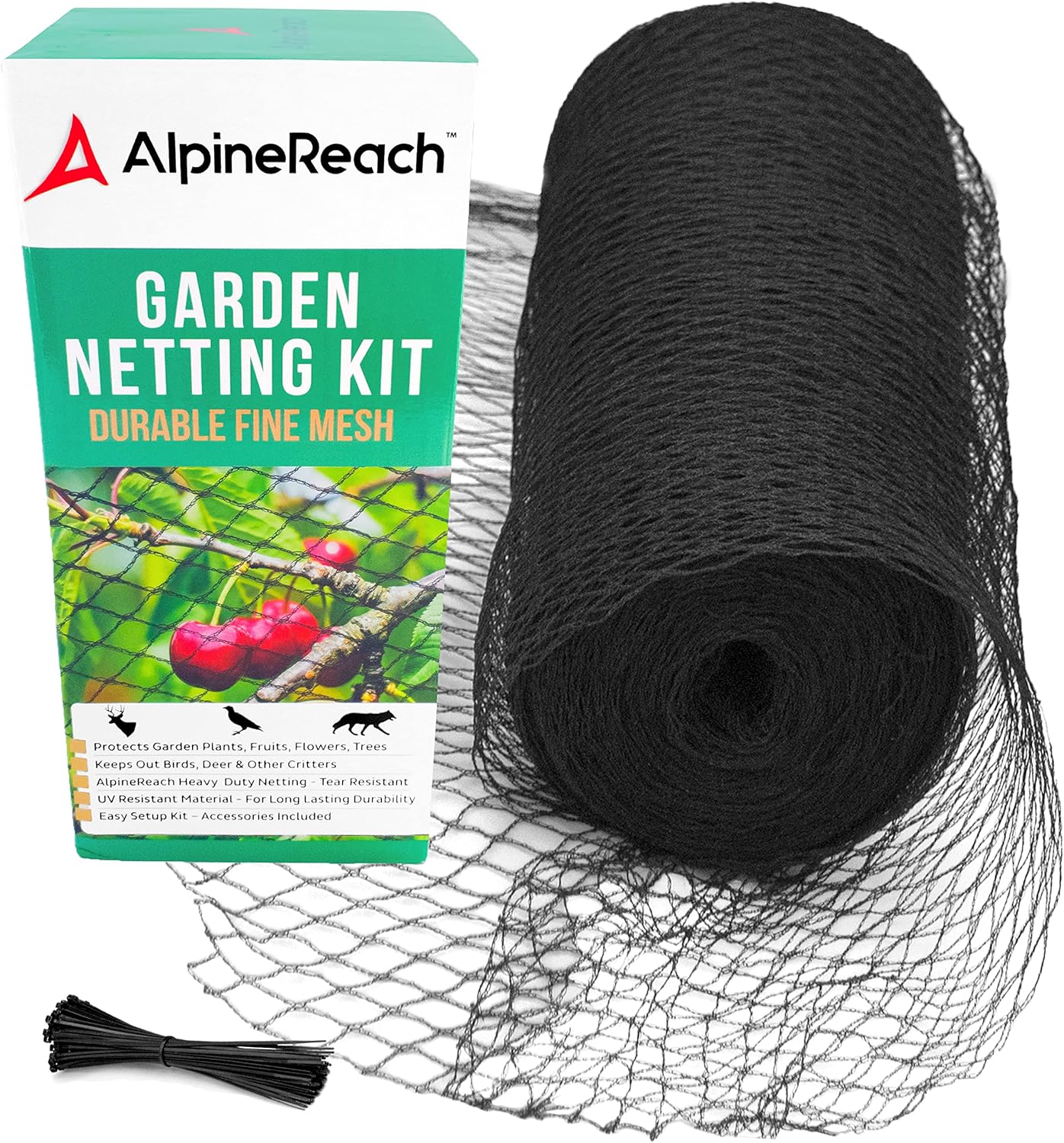 AlpineReach Garden Netting 15 x 50 ft Heavy Duty Bird Net, Deer, Plant Protection Extra Strong Woven Mesh, Reusable Kit with Zip Ties, Animal Fencing for Fruits Trees, Black