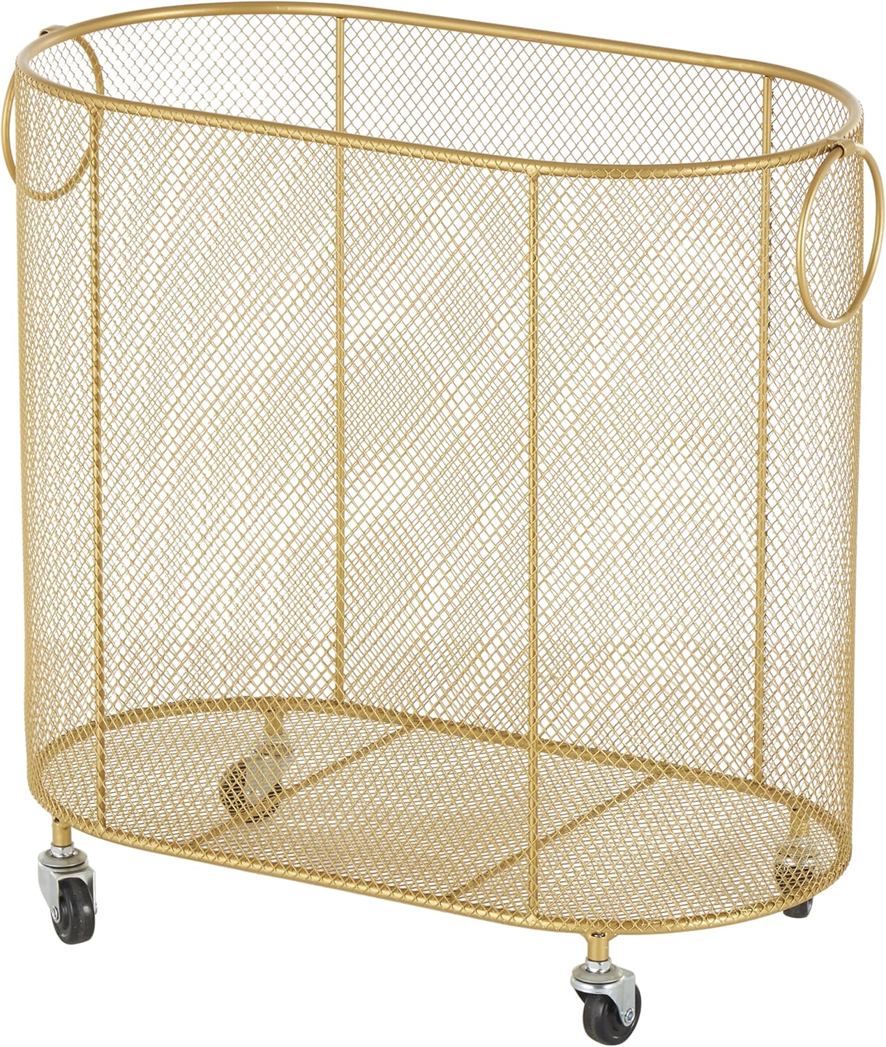 Deco 79 Metal Storage Cart Oval Mesh Wire Rolling Laundry with Ring Handles, 21" x 12" x 21", Gold